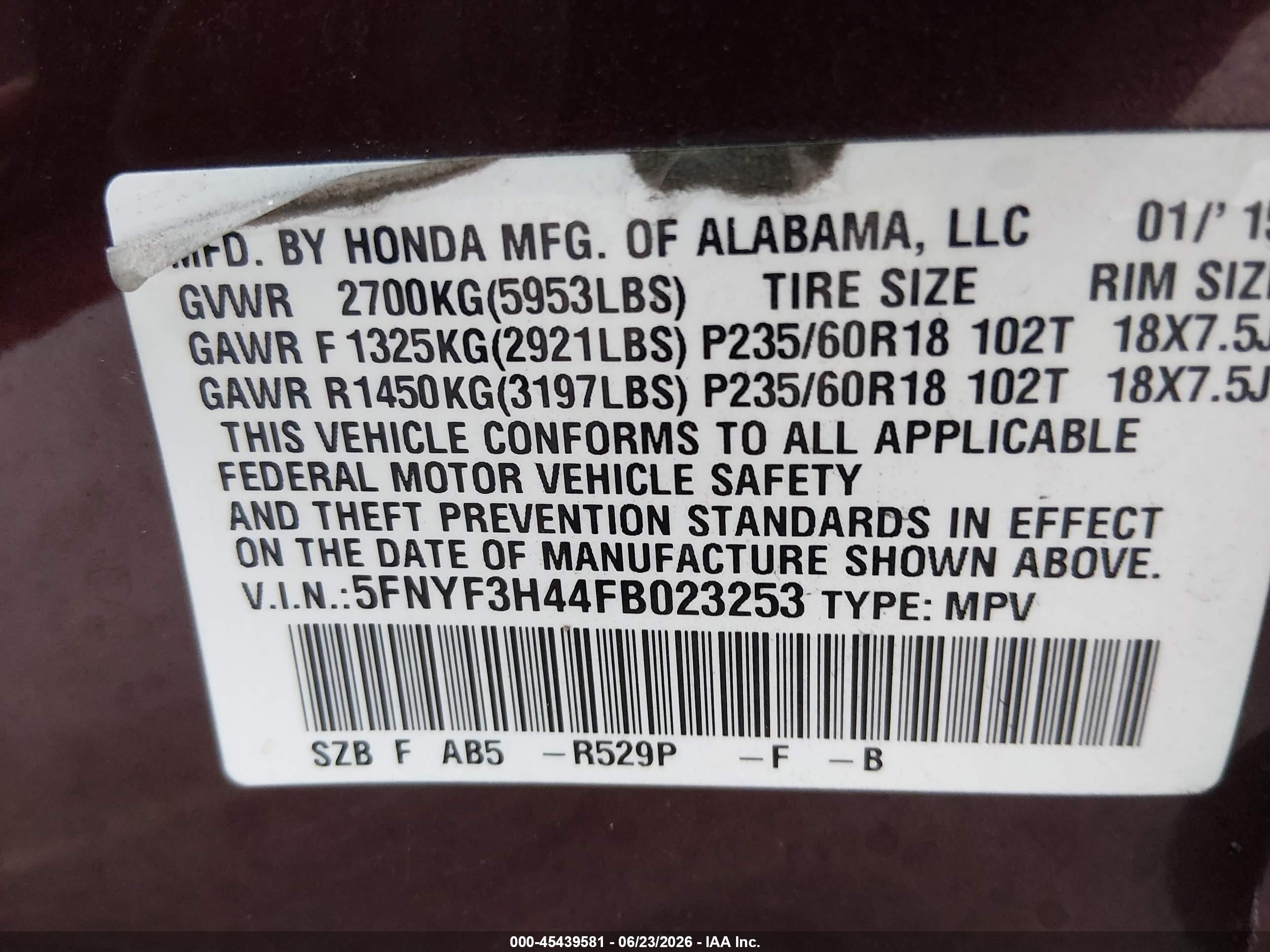 2015 Honda Pilot Ex Burgundy vin: 5FNYF3H44FB023253