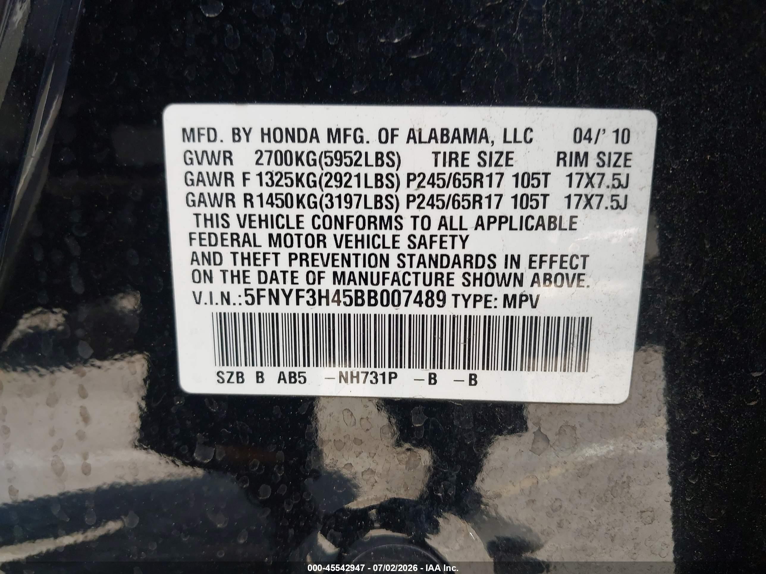 2011 Honda Pilot Ex Black vin: 5FNYF3H45BB007489