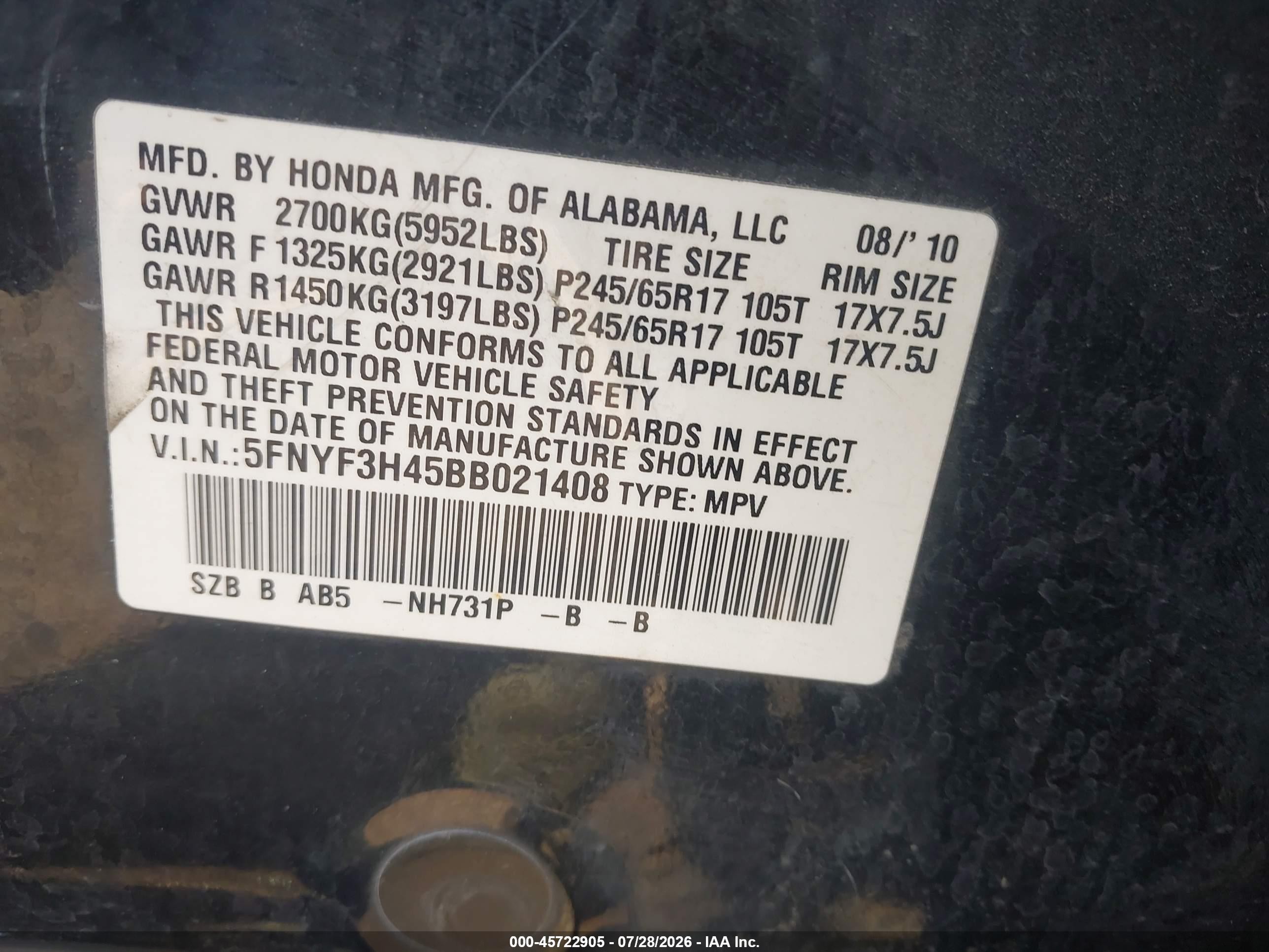 2011 Honda Pilot Ex Black vin: 5FNYF3H45BB021408
