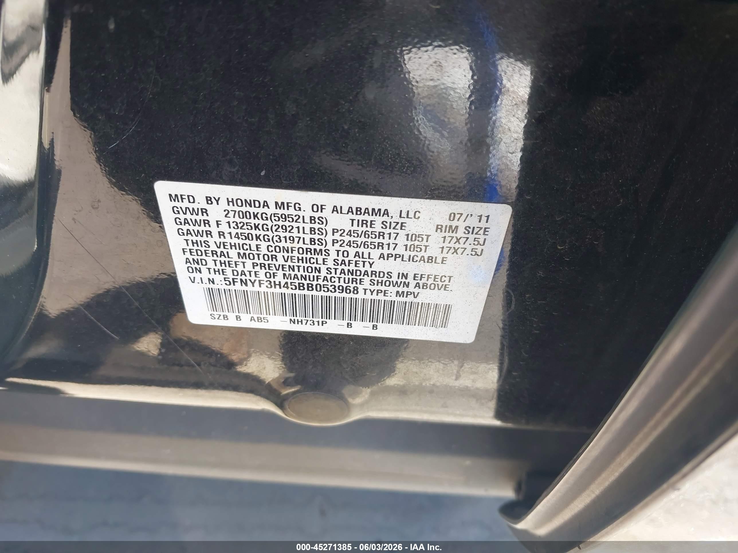 2011 Honda Pilot Ex Black vin: 5FNYF3H45BB053968