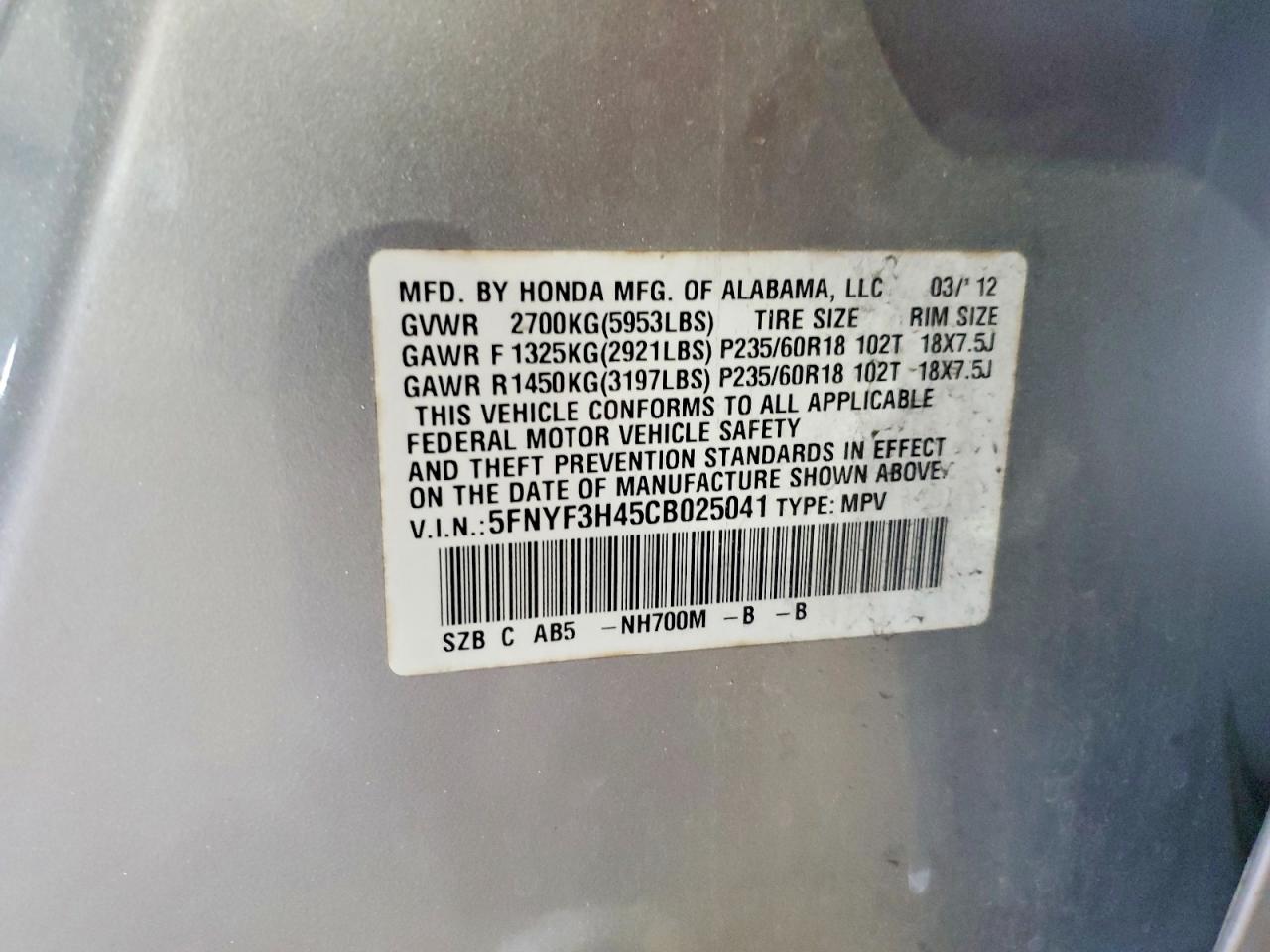 2012 Honda Pilot Ex Silver vin: 5FNYF3H45CB025041