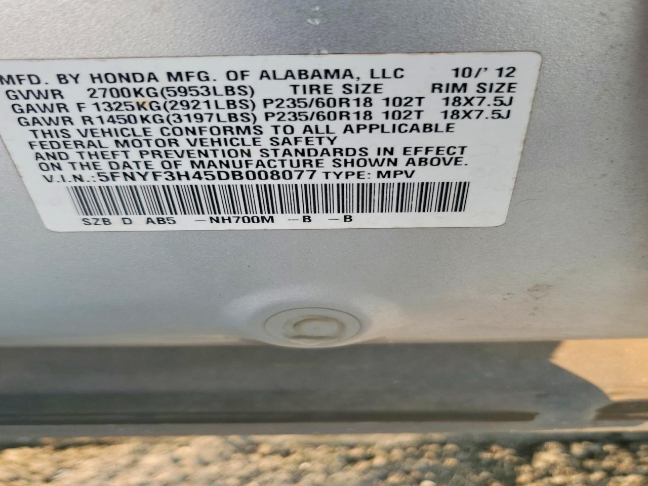 2013 Honda Pilot Ex Silver vin: 5FNYF3H45DB008077