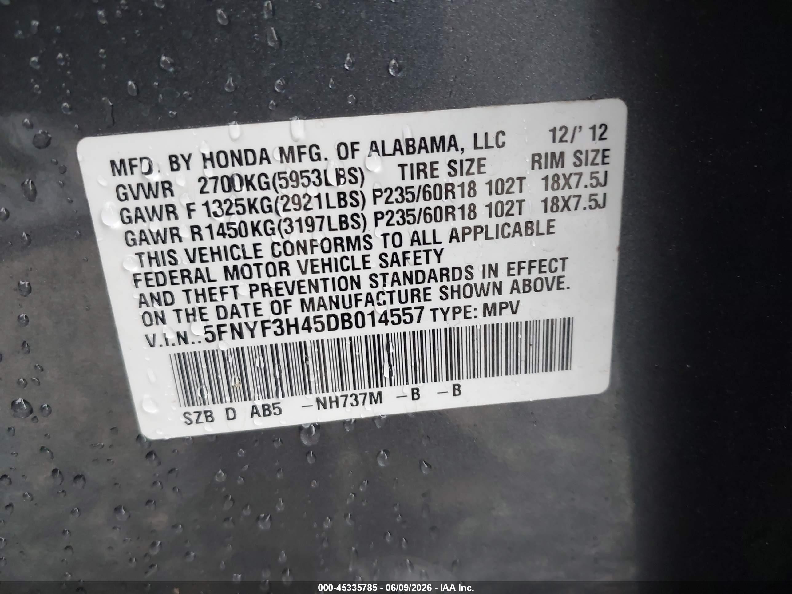 2013 Honda Pilot Ex Gray vin: 5FNYF3H45DB014557