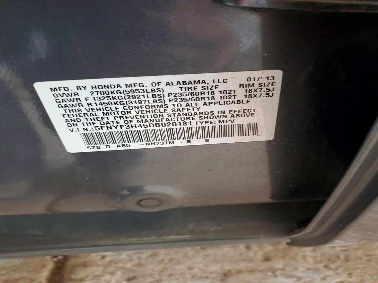 2013 Honda Pilot Ex Gray vin: 5FNYF3H45DB020181