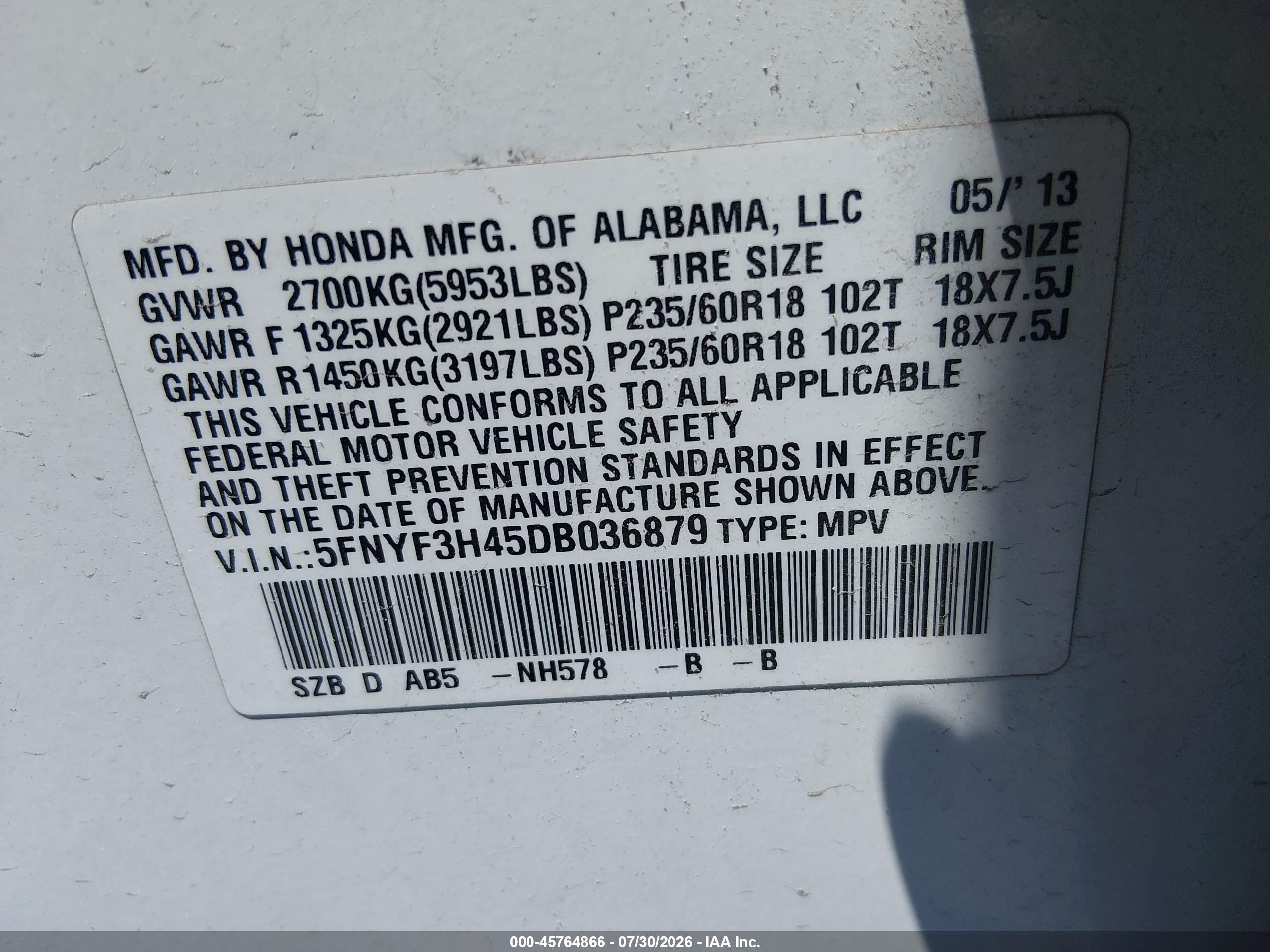 2013 Honda Pilot Ex White vin: 5FNYF3H45DB036879