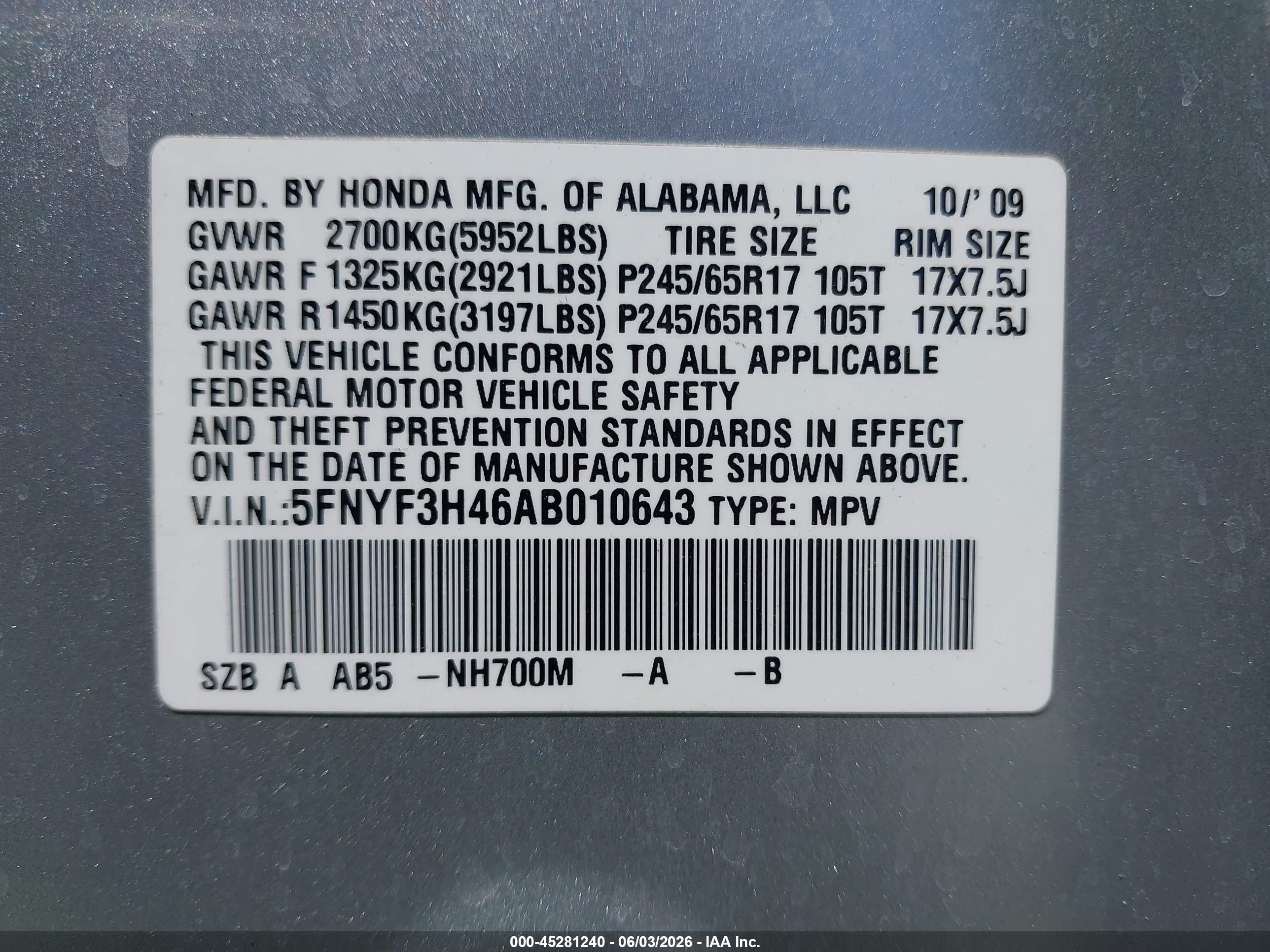 2010 Honda Pilot Ex Silver vin: 5FNYF3H46AB010643