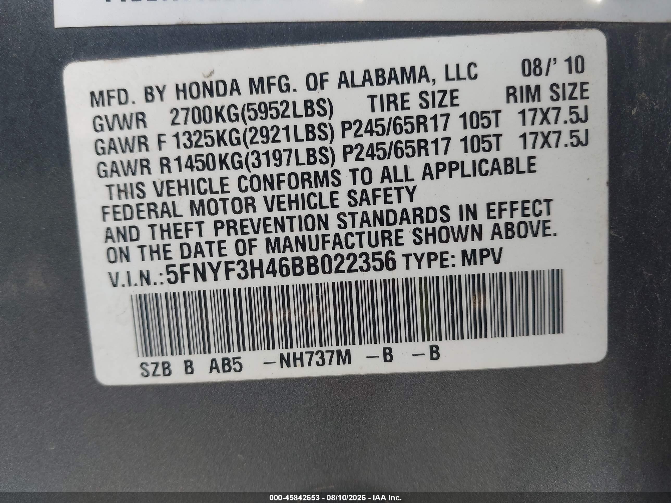 2011 Honda Pilot Ex Gray vin: 5FNYF3H46BB022356