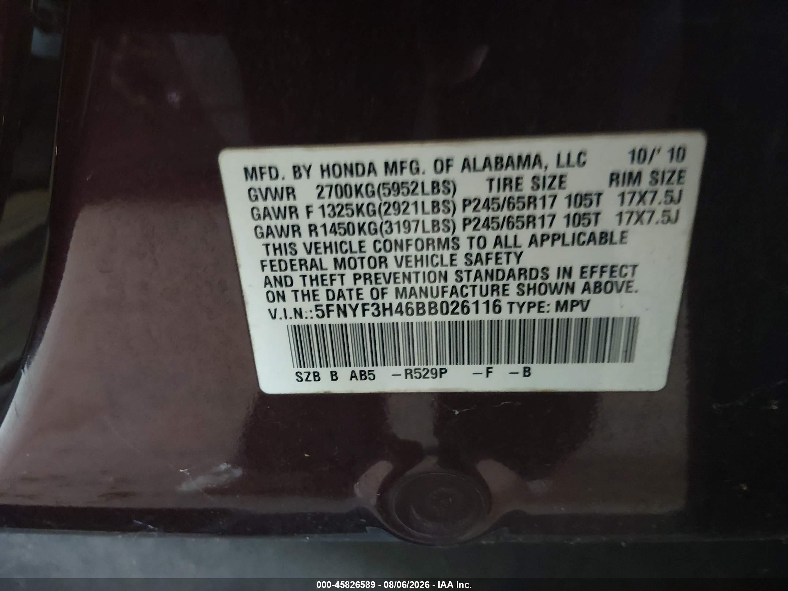 2011 Honda Pilot Ex Maroon vin: 5FNYF3H46BB026116