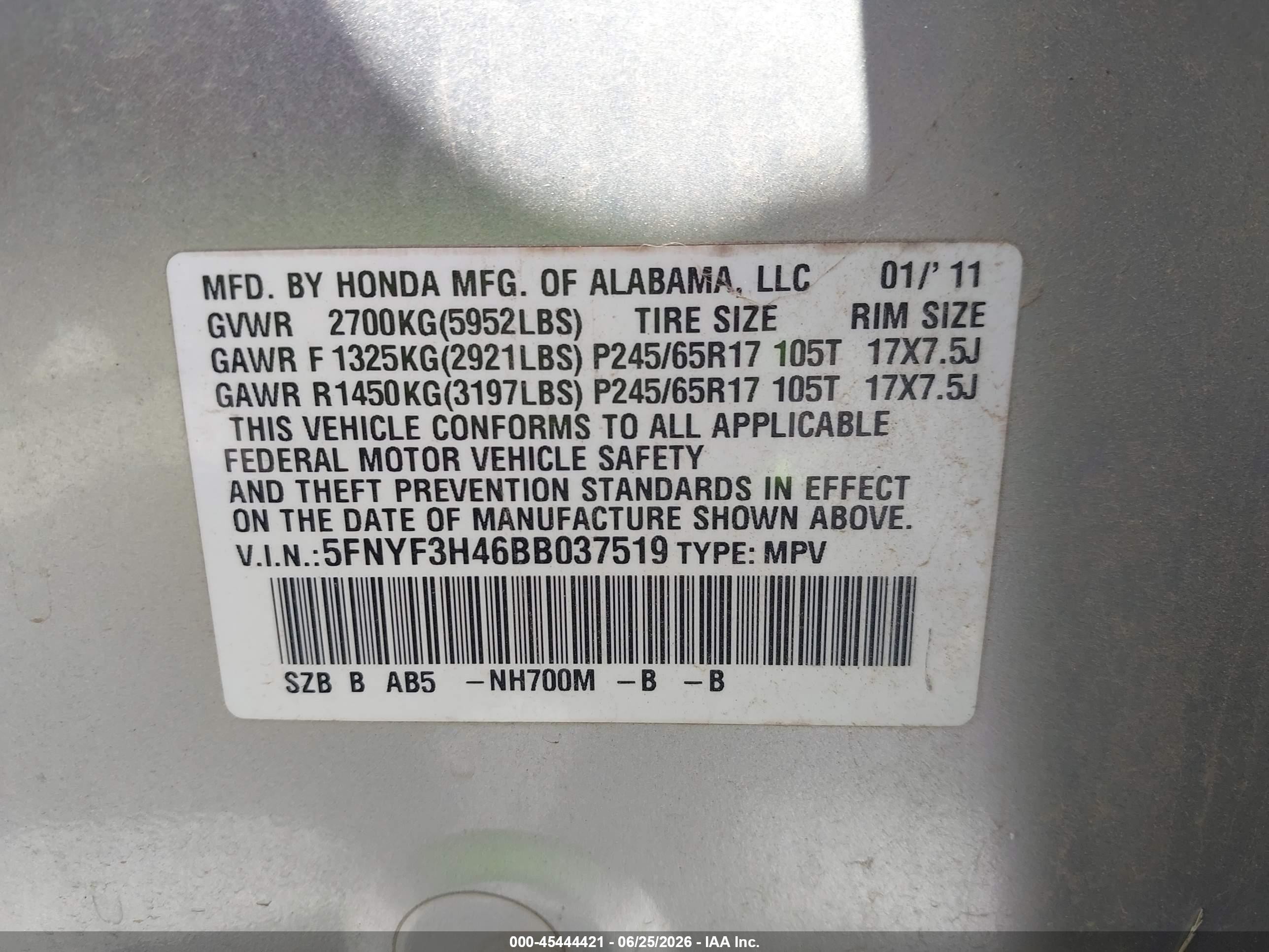 2011 Honda Pilot Ex Silver vin: 5FNYF3H46BB037519