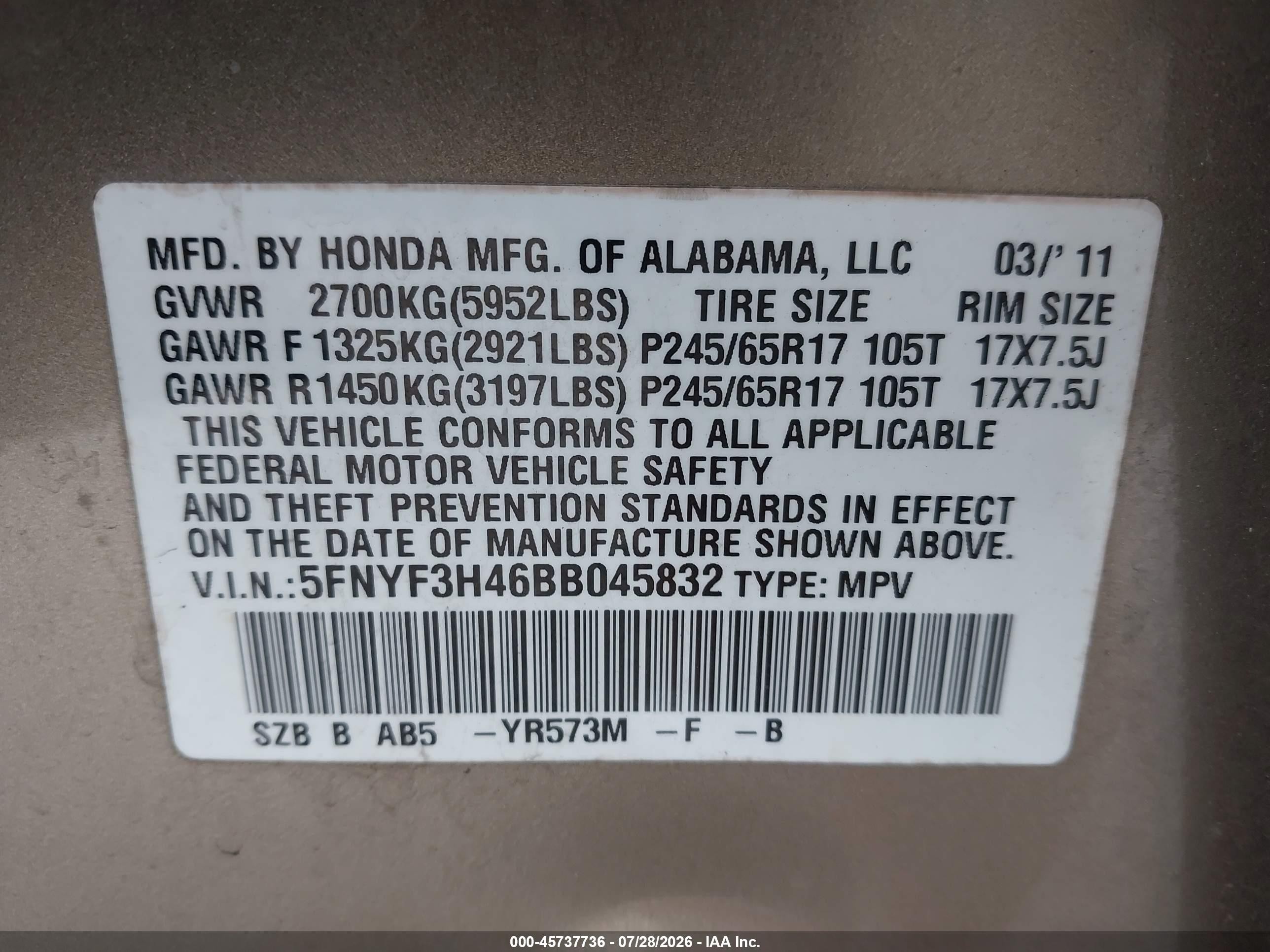 2011 Honda Pilot Ex Gold vin: 5FNYF3H46BB045832