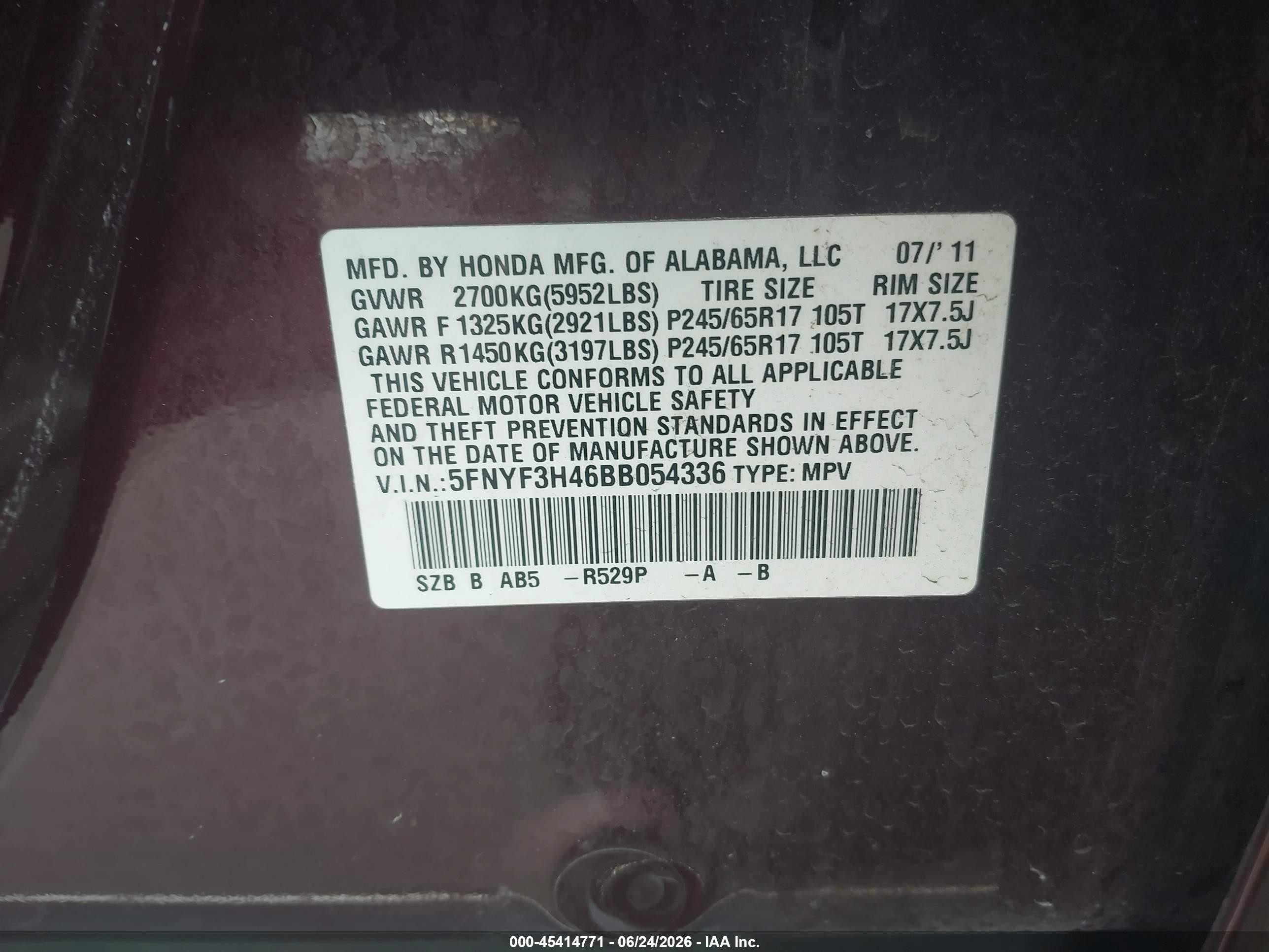 2011 Honda Pilot Ex Red vin: 5FNYF3H46BB054336