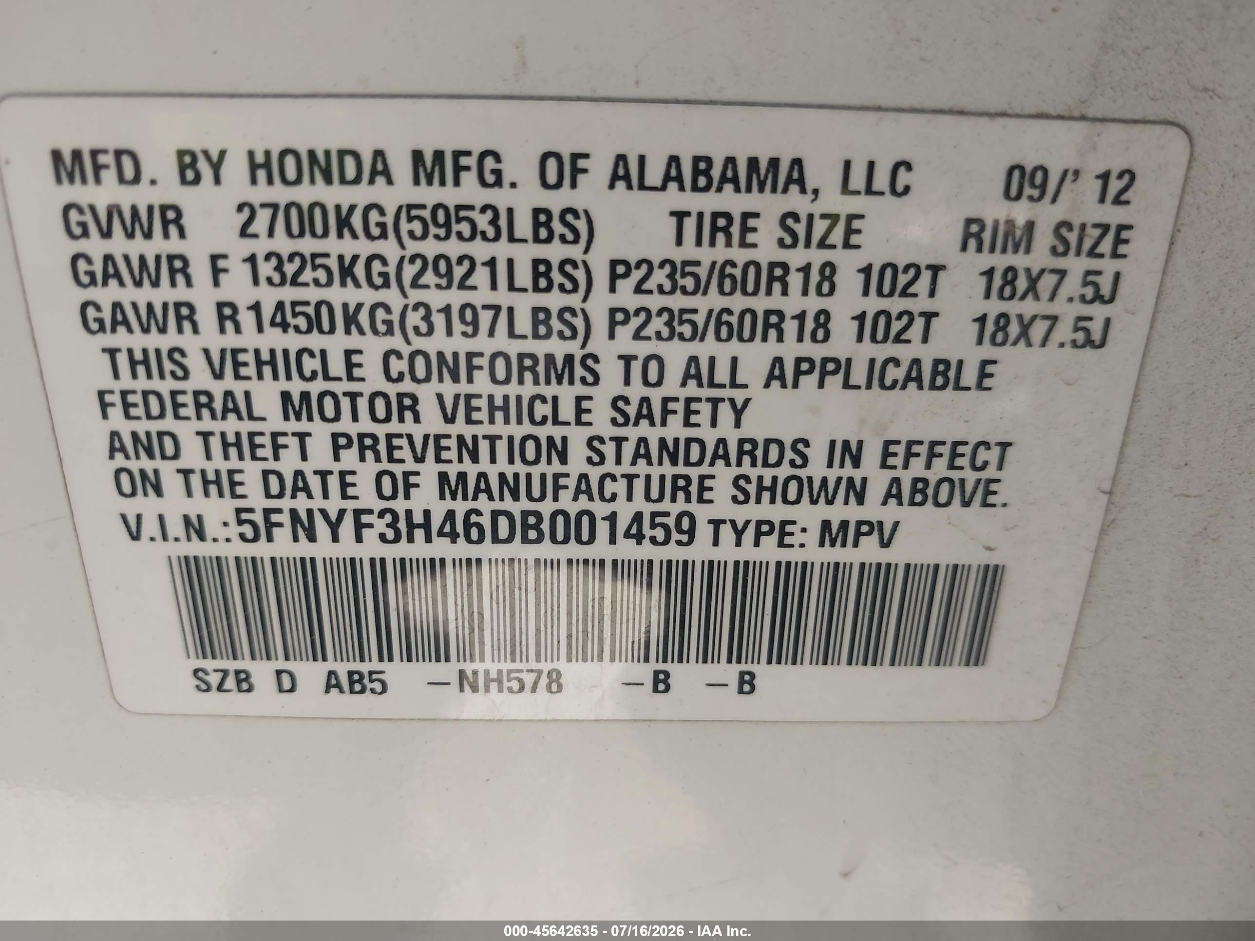 2013 Honda Pilot Ex White vin: 5FNYF3H46DB001459
