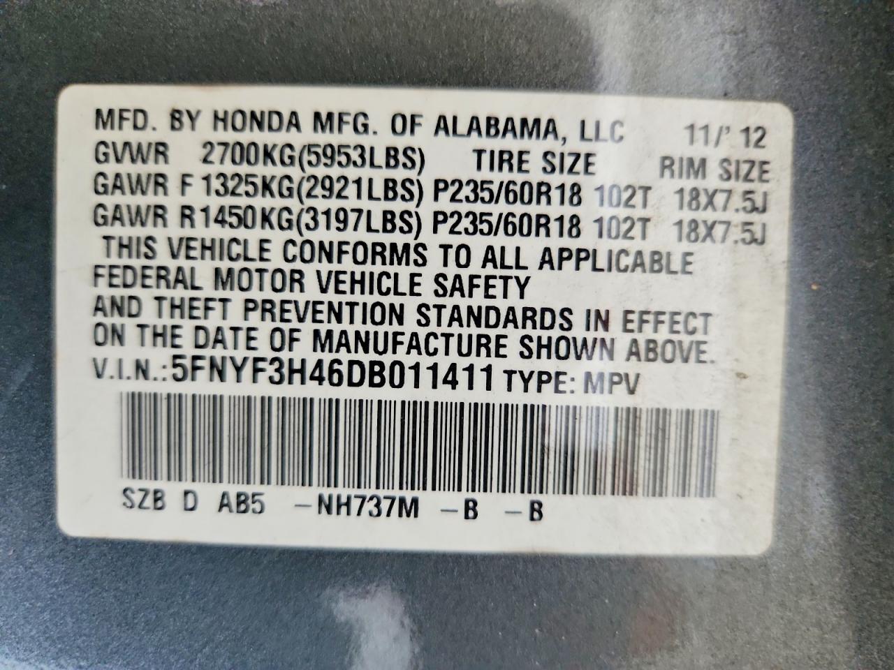 2013 Honda Pilot Ex Gray vin: 5FNYF3H46DB011411