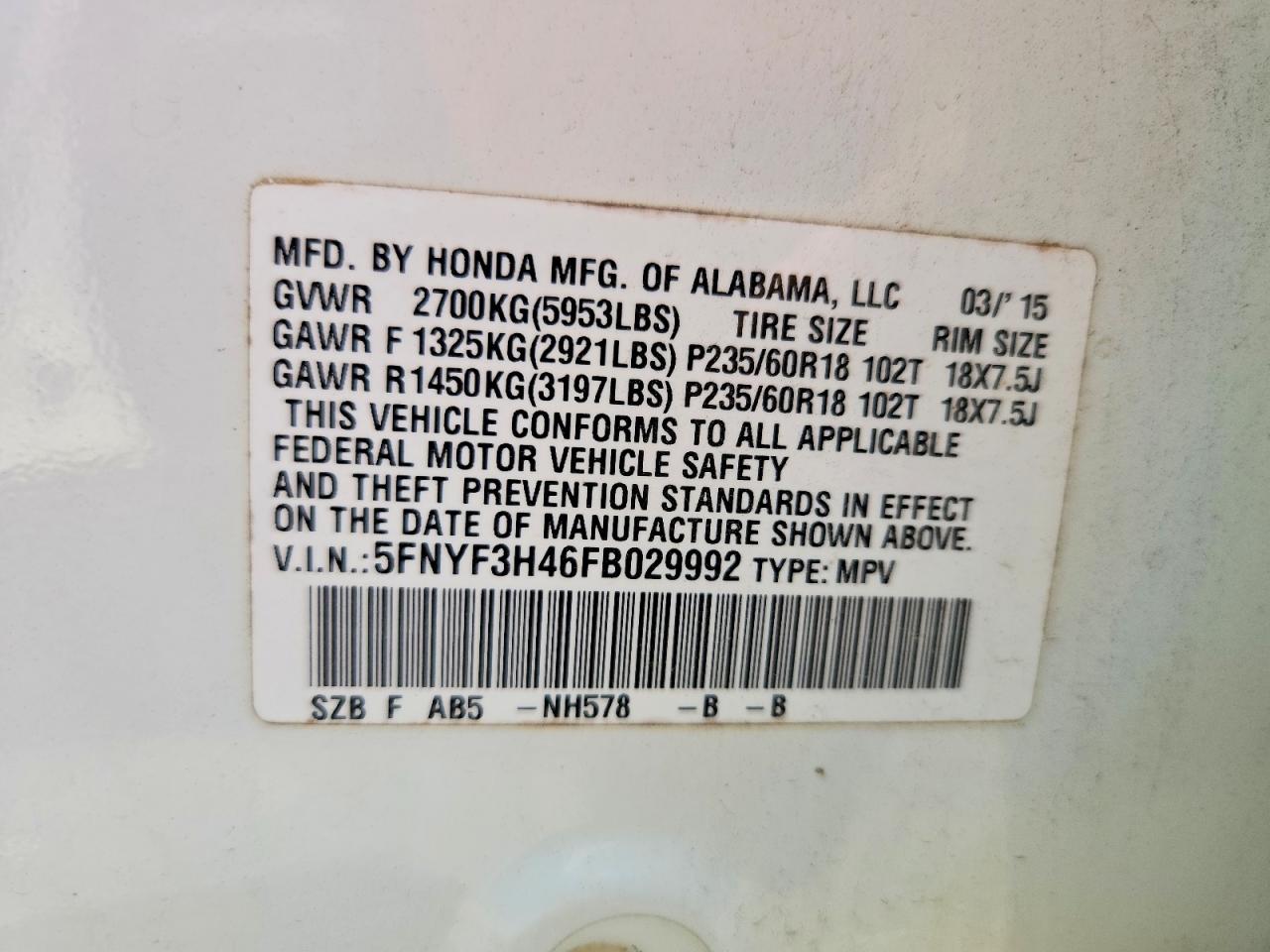 2015 Honda Pilot Ex White vin: 5FNYF3H46FB029992