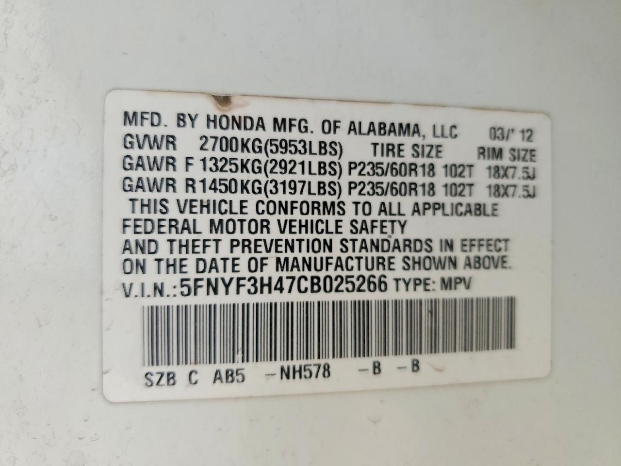 2012 Honda Pilot Ex White vin: 5FNYF3H47CB025266