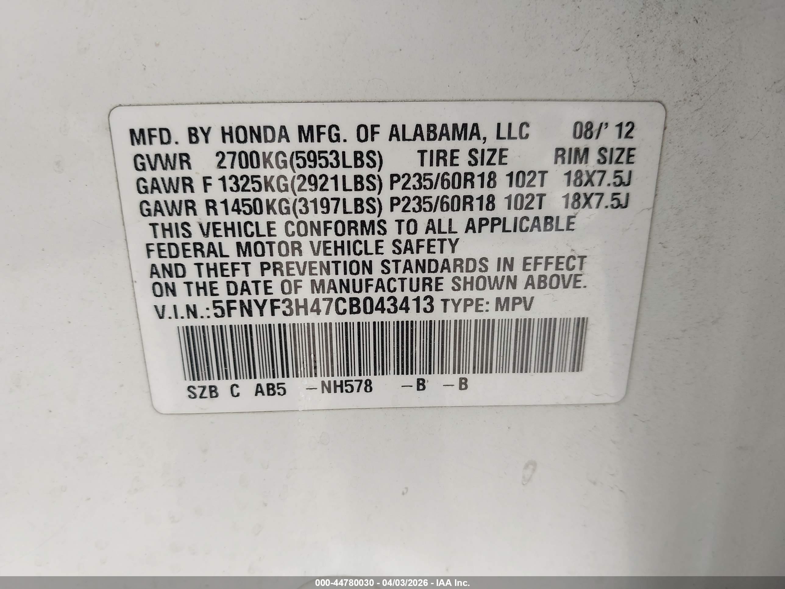 2012 Honda Pilot Ex White vin: 5FNYF3H47CB043413