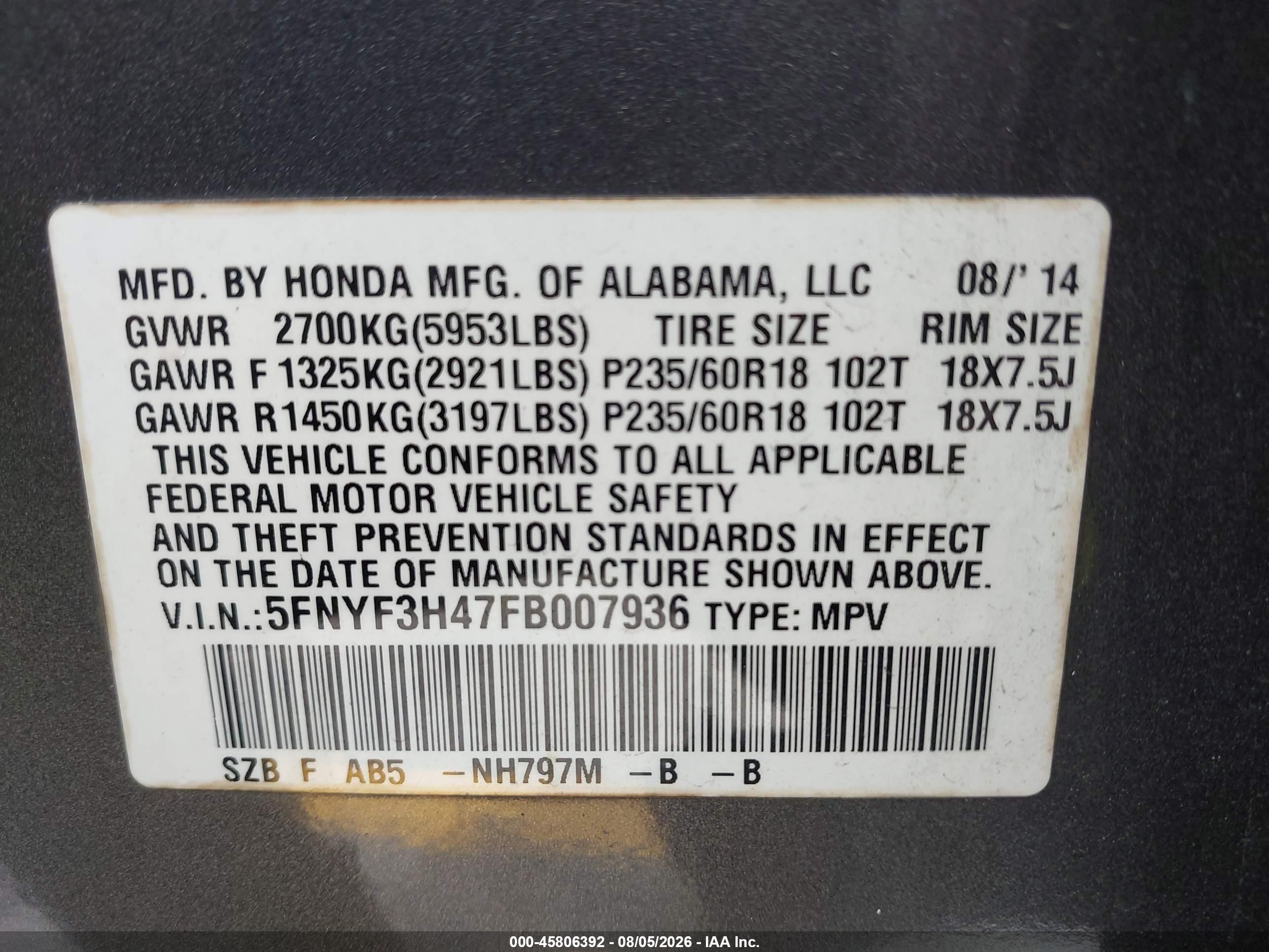 2015 Honda Pilot Ex Gray vin: 5FNYF3H47FB007936