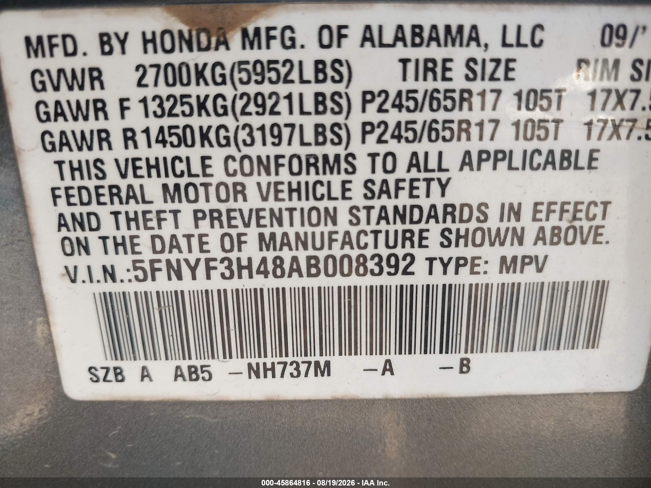 2010 Honda Pilot Ex Gray vin: 5FNYF3H48AB008392