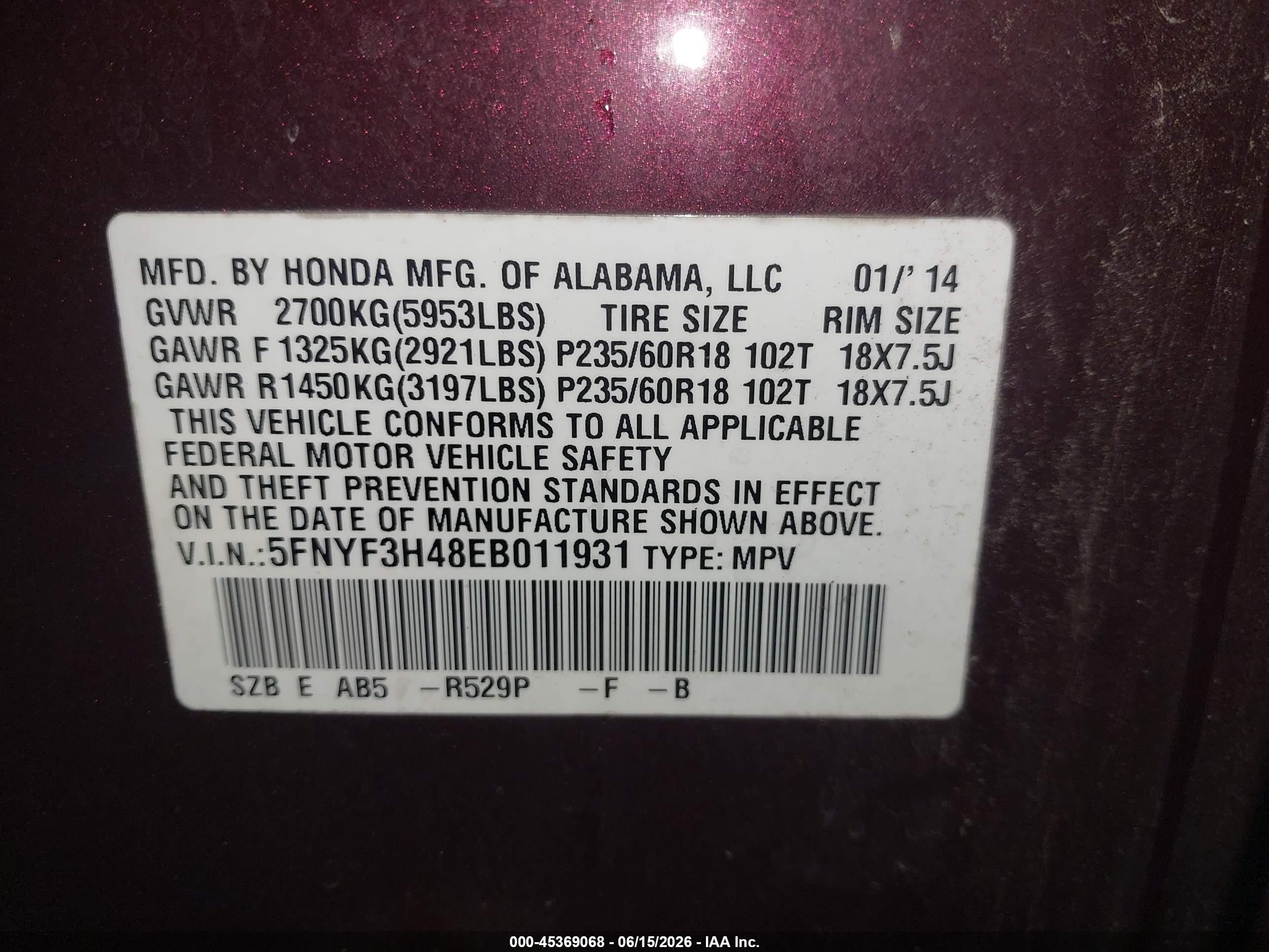 2014 Honda Pilot Ex Maroon vin: 5FNYF3H48EB011931