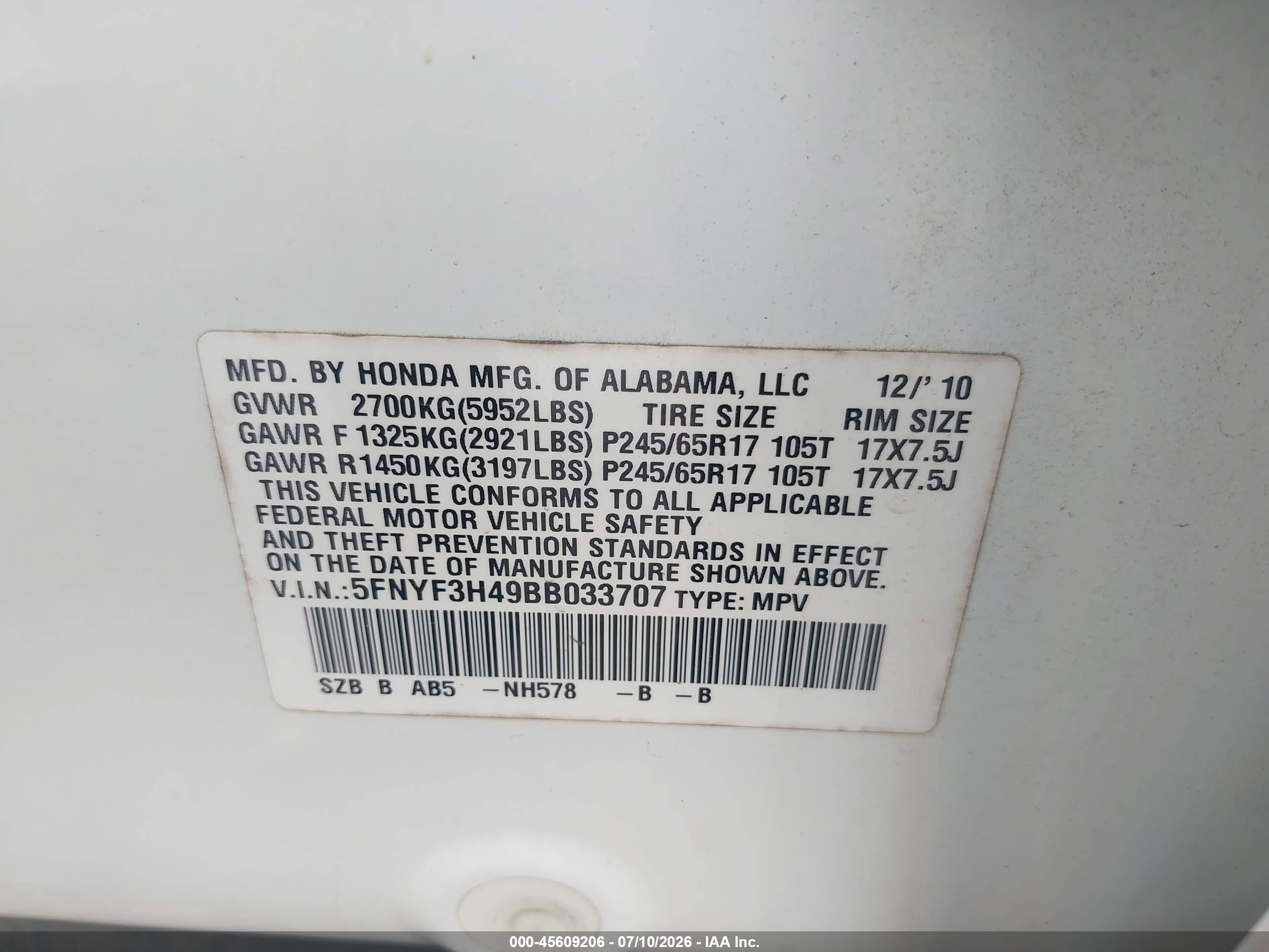 2011 Honda Pilot Ex White vin: 5FNYF3H49BB033707