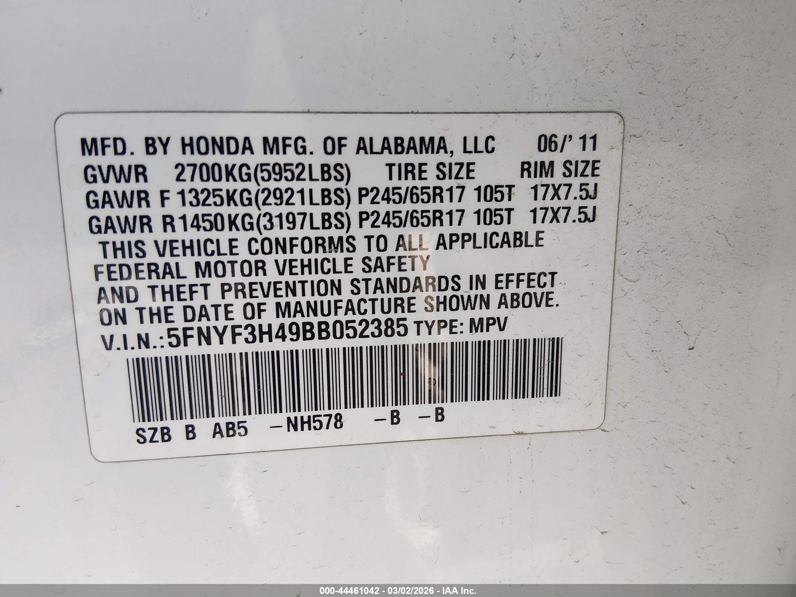 2011 Honda Pilot Ex White vin: 5FNYF3H49BB052385
