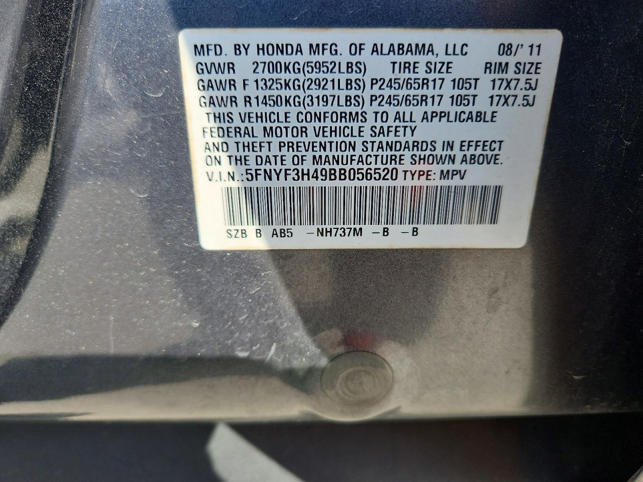2011 Honda Pilot Ex Gray vin: 5FNYF3H49BB056520