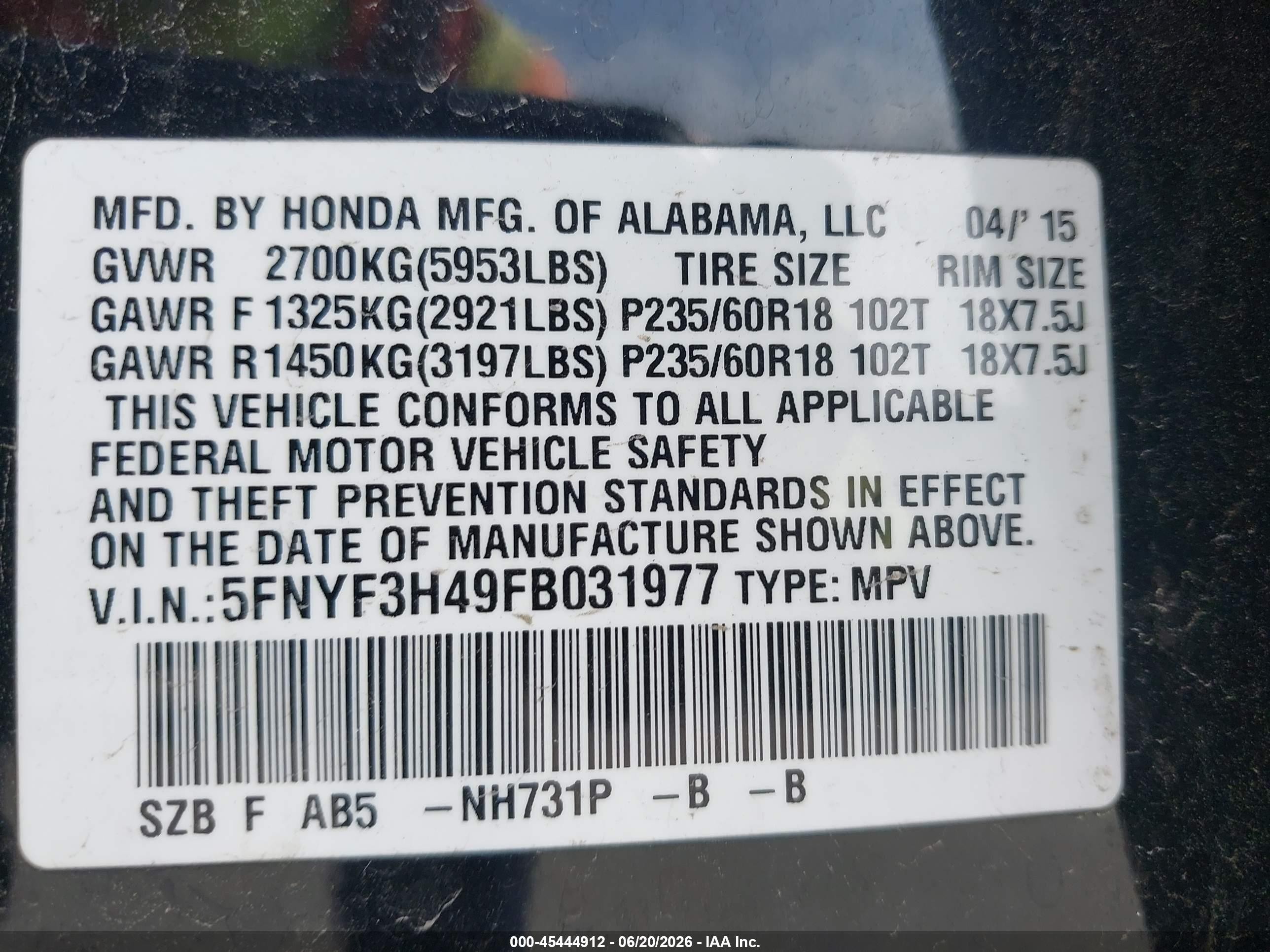 2015 Honda Pilot Ex Черный vin: 5FNYF3H49FB031977