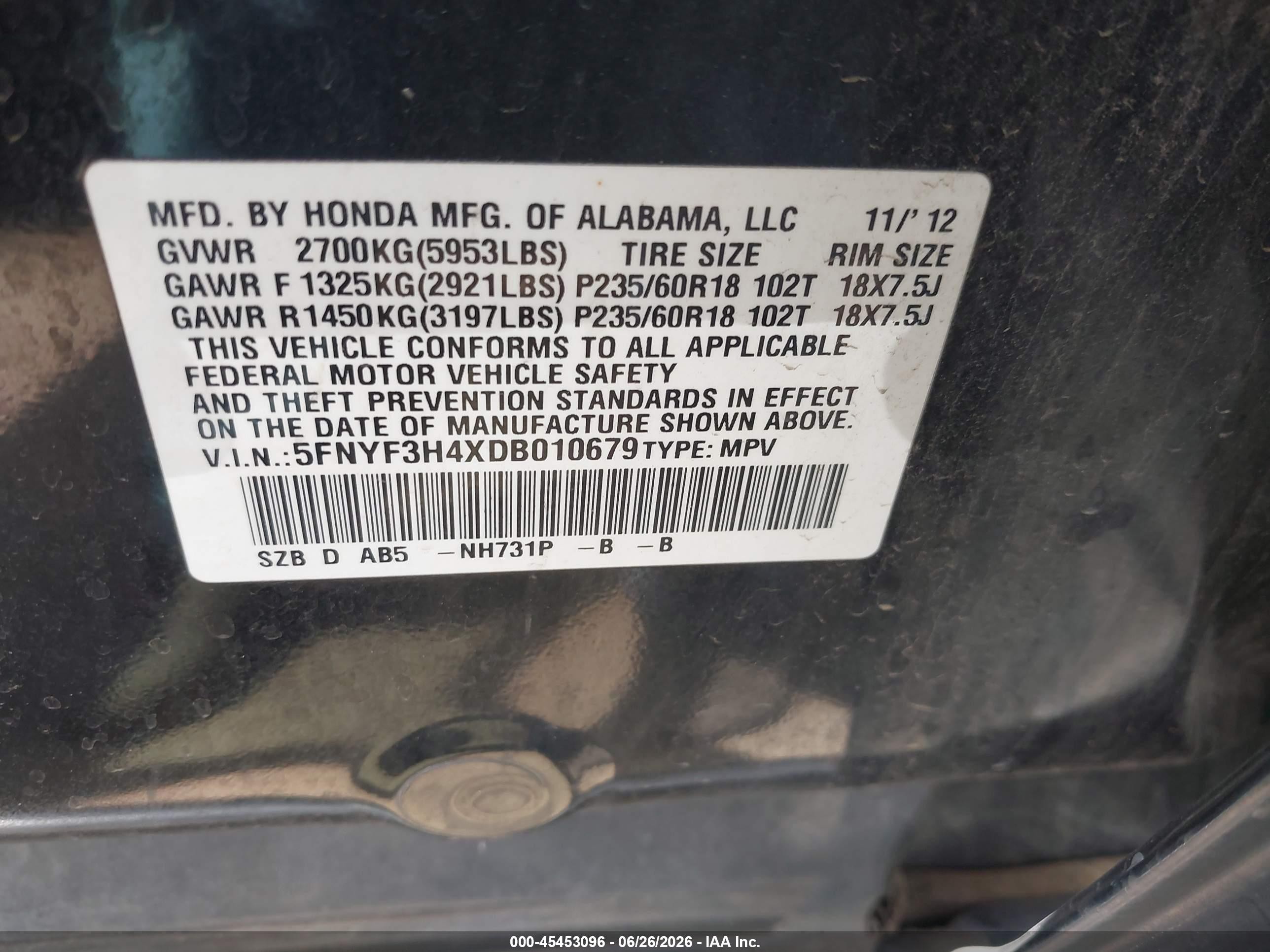 2013 Honda Pilot Ex Black vin: 5FNYF3H4XDB010679