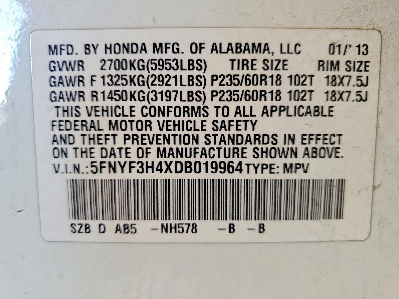 2013 Honda Pilot Ex White vin: 5FNYF3H4XDB019964