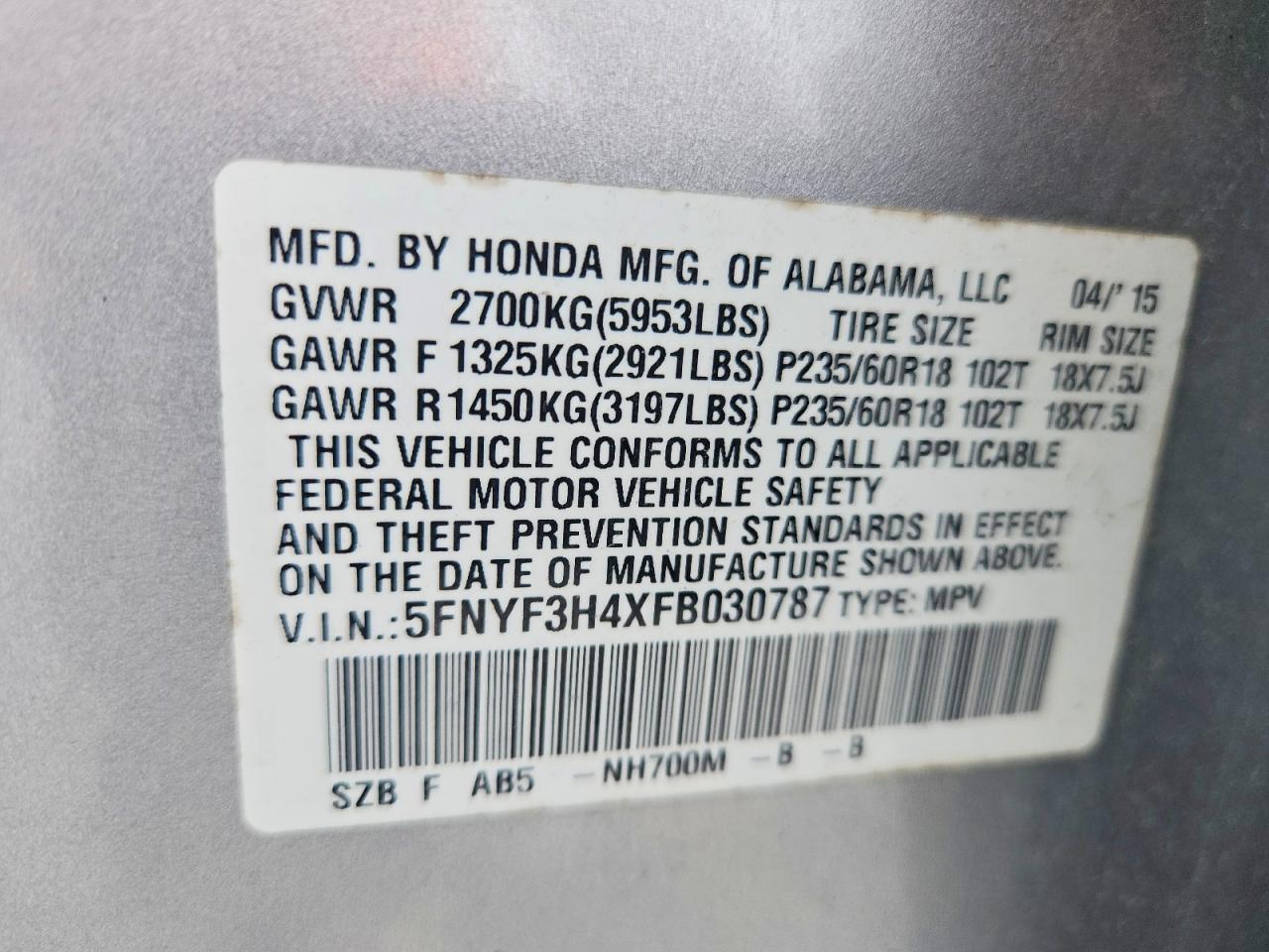 2015 Honda Pilot Ex Silver vin: 5FNYF3H4XFB030787