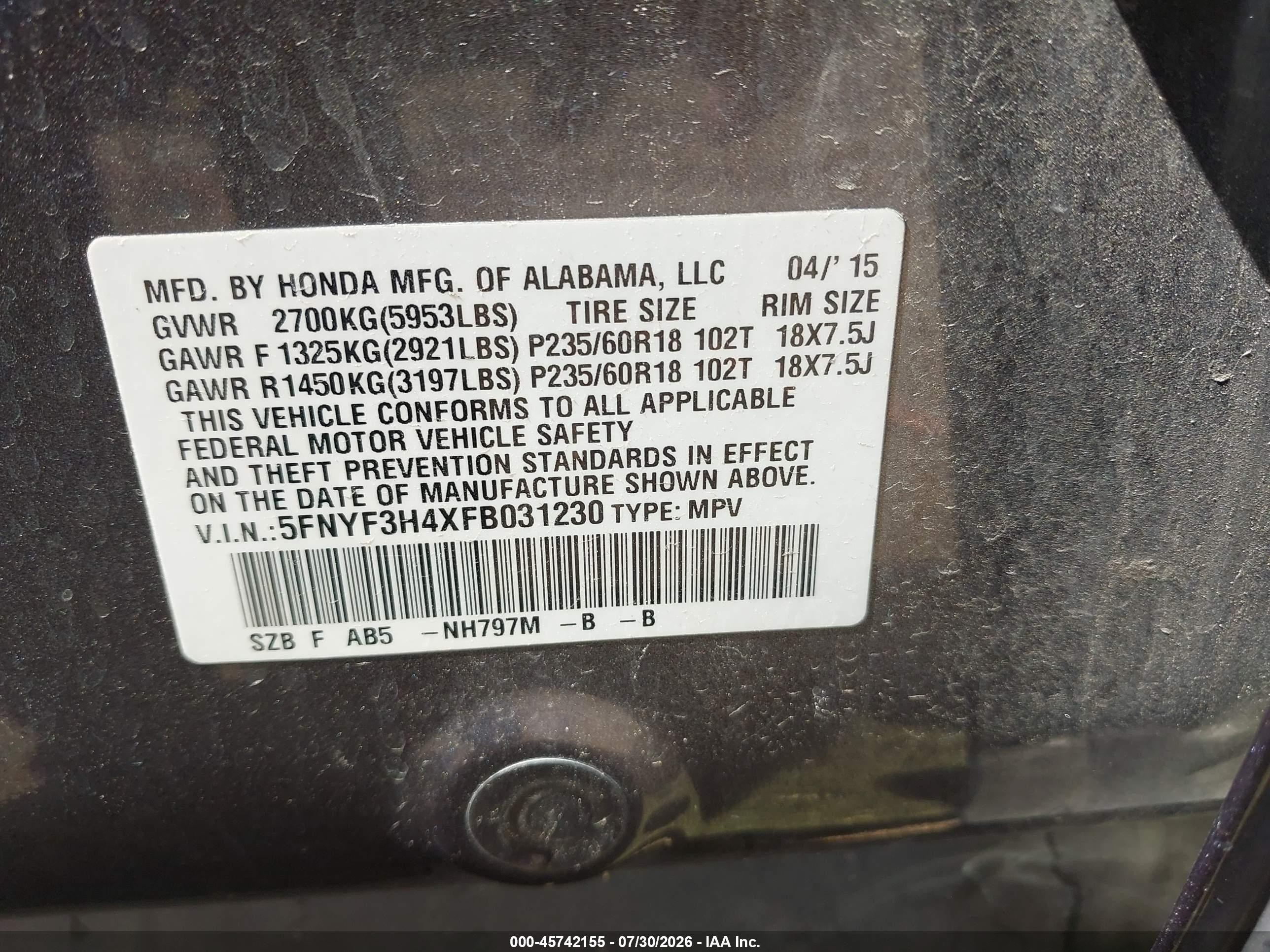2015 Honda Pilot Ex Gray vin: 5FNYF3H4XFB031230