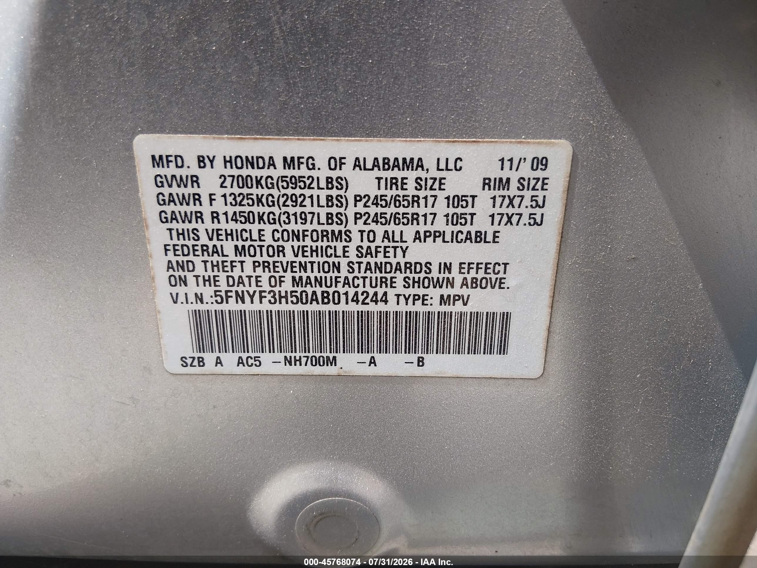 2010 Honda Pilot Ex-l Silver vin: 5FNYF3H50AB014244