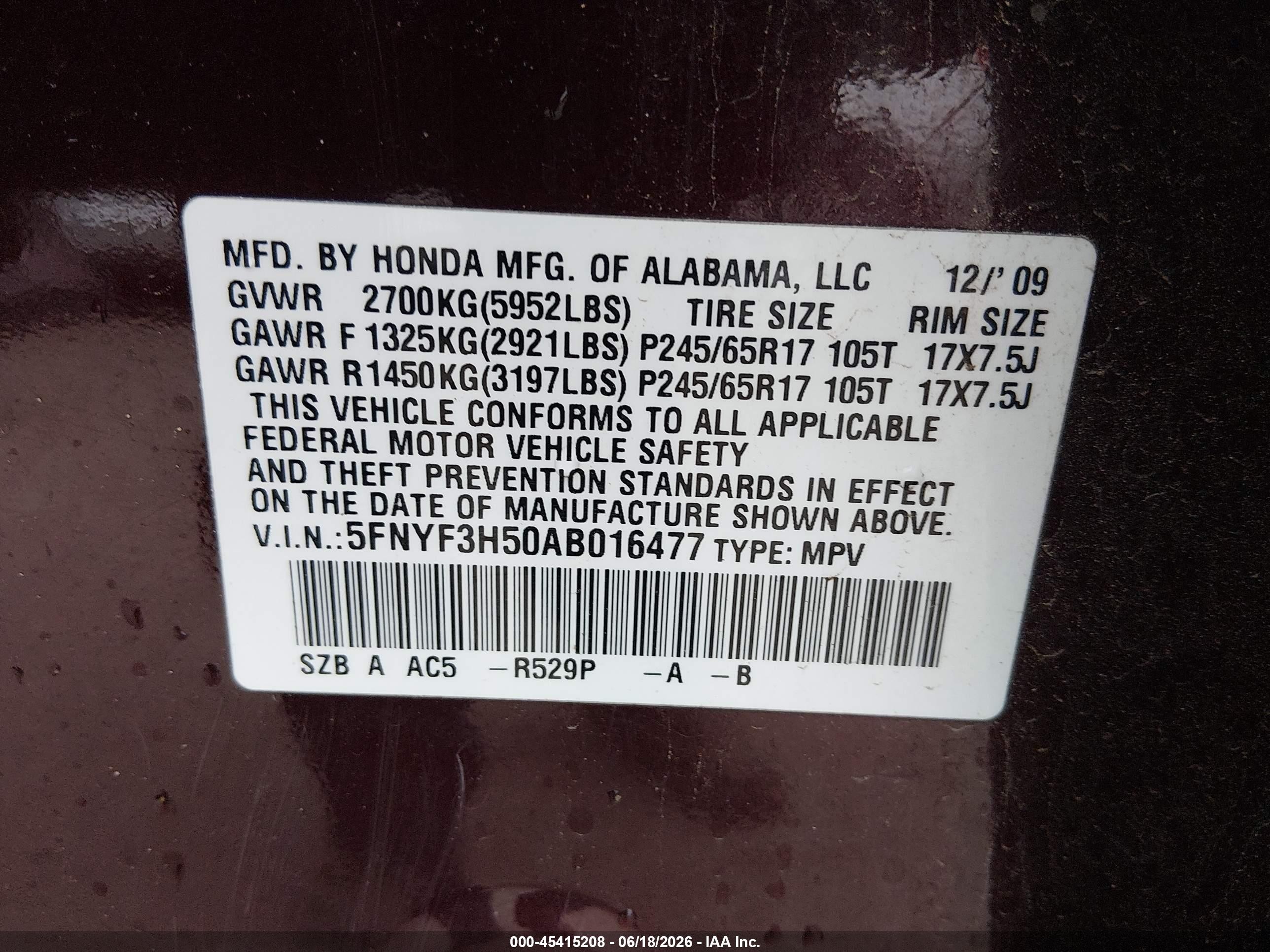 2010 Honda Pilot Ex-l Burgundy vin: 5FNYF3H50AB016477