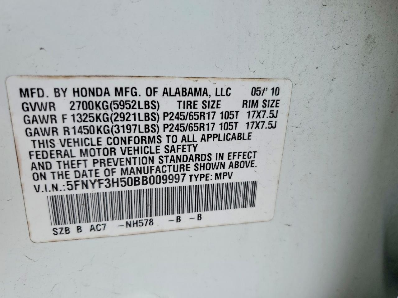 2011 Honda Pilot Exl White vin: 5FNYF3H50BB009997