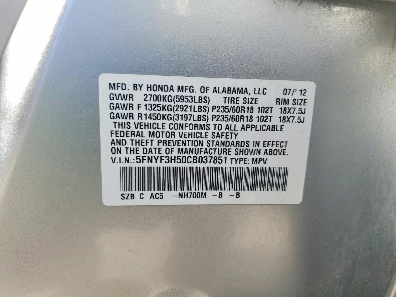 2012 Honda Pilot Exl Серебряный vin: 5FNYF3H50CB037851