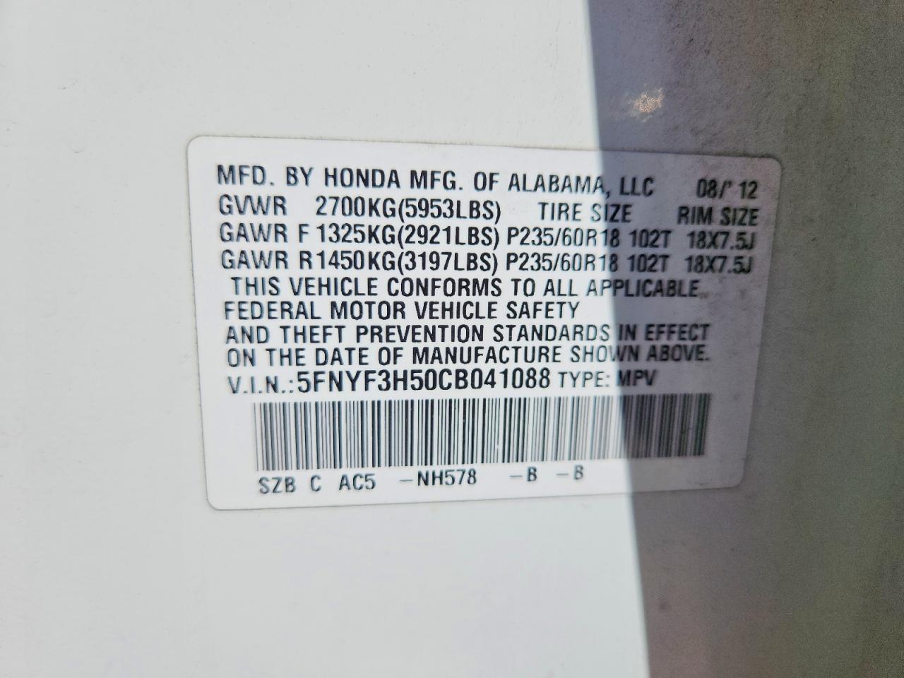 2012 Honda Pilot Exl White vin: 5FNYF3H50CB041088