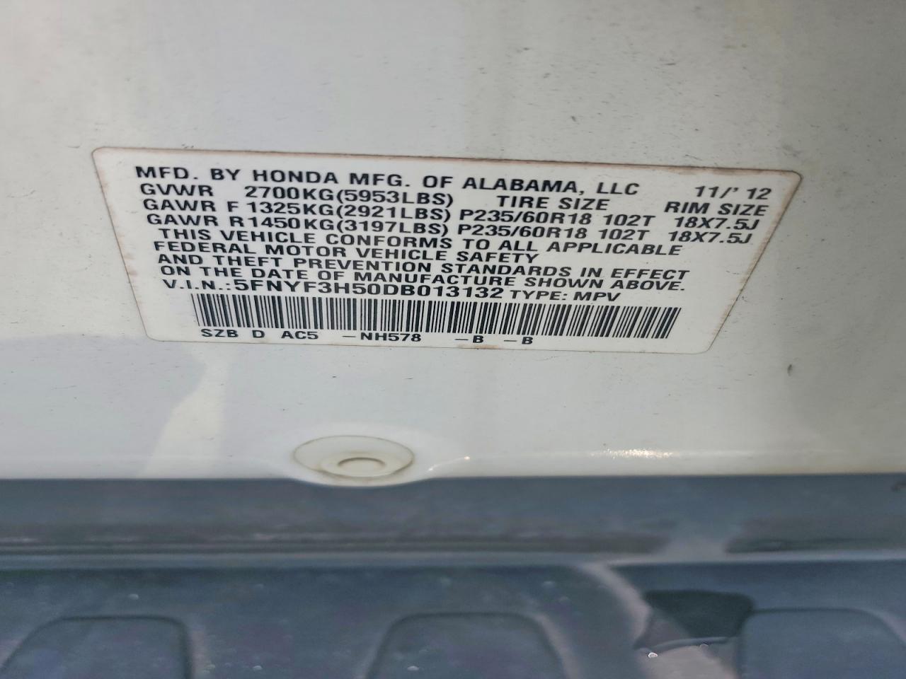 2013 Honda Pilot Exl White vin: 5FNYF3H50DB013132