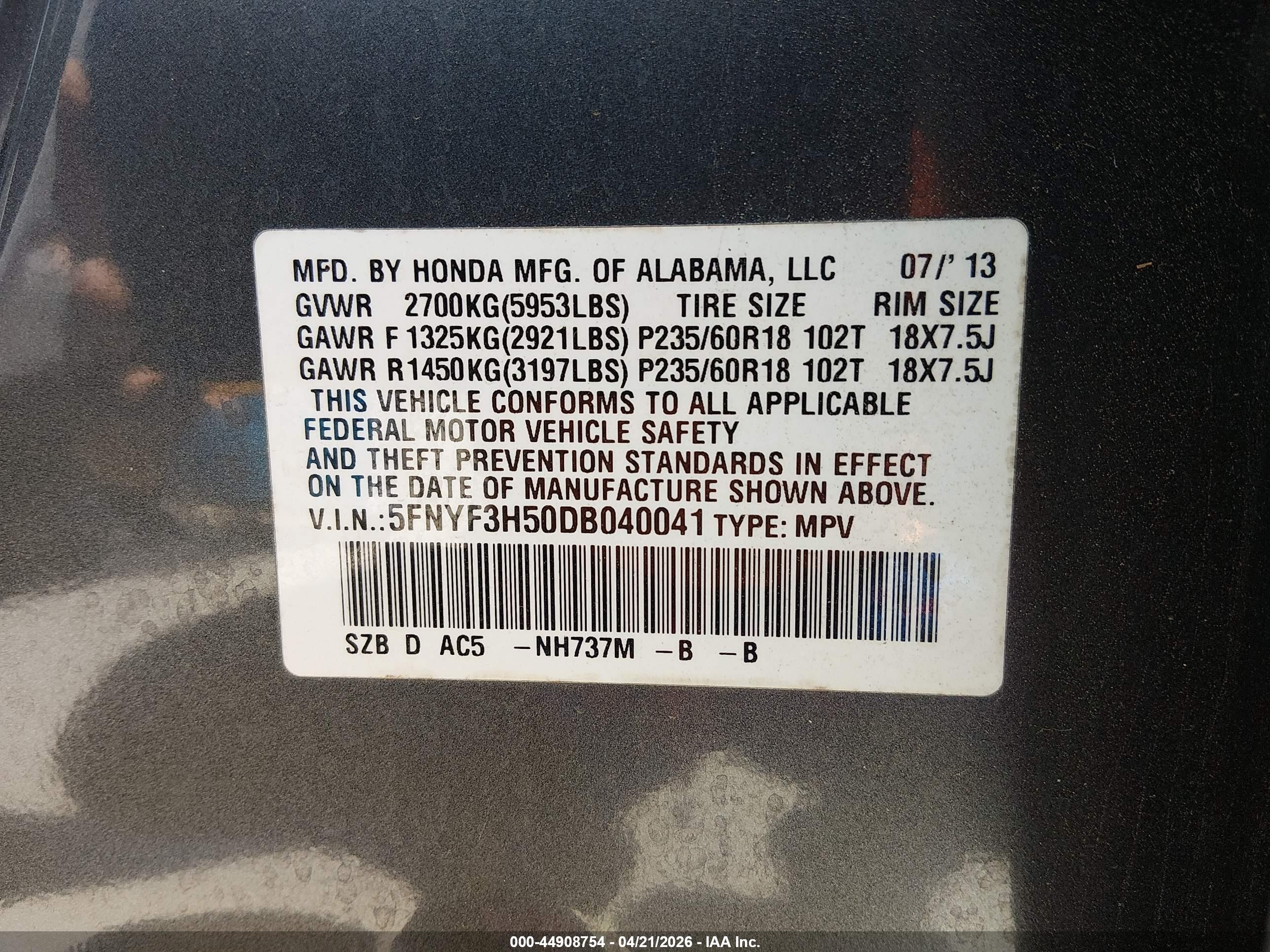 2013 Honda Pilot Ex-l Gray vin: 5FNYF3H50DB040041