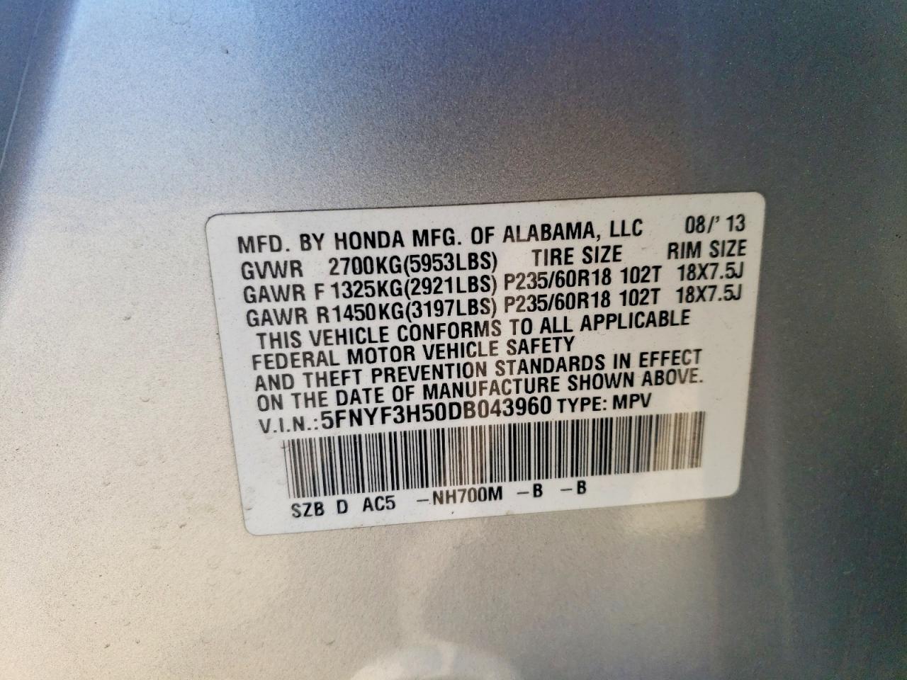 2013 Honda Pilot Exl Silver vin: 5FNYF3H50DB043960