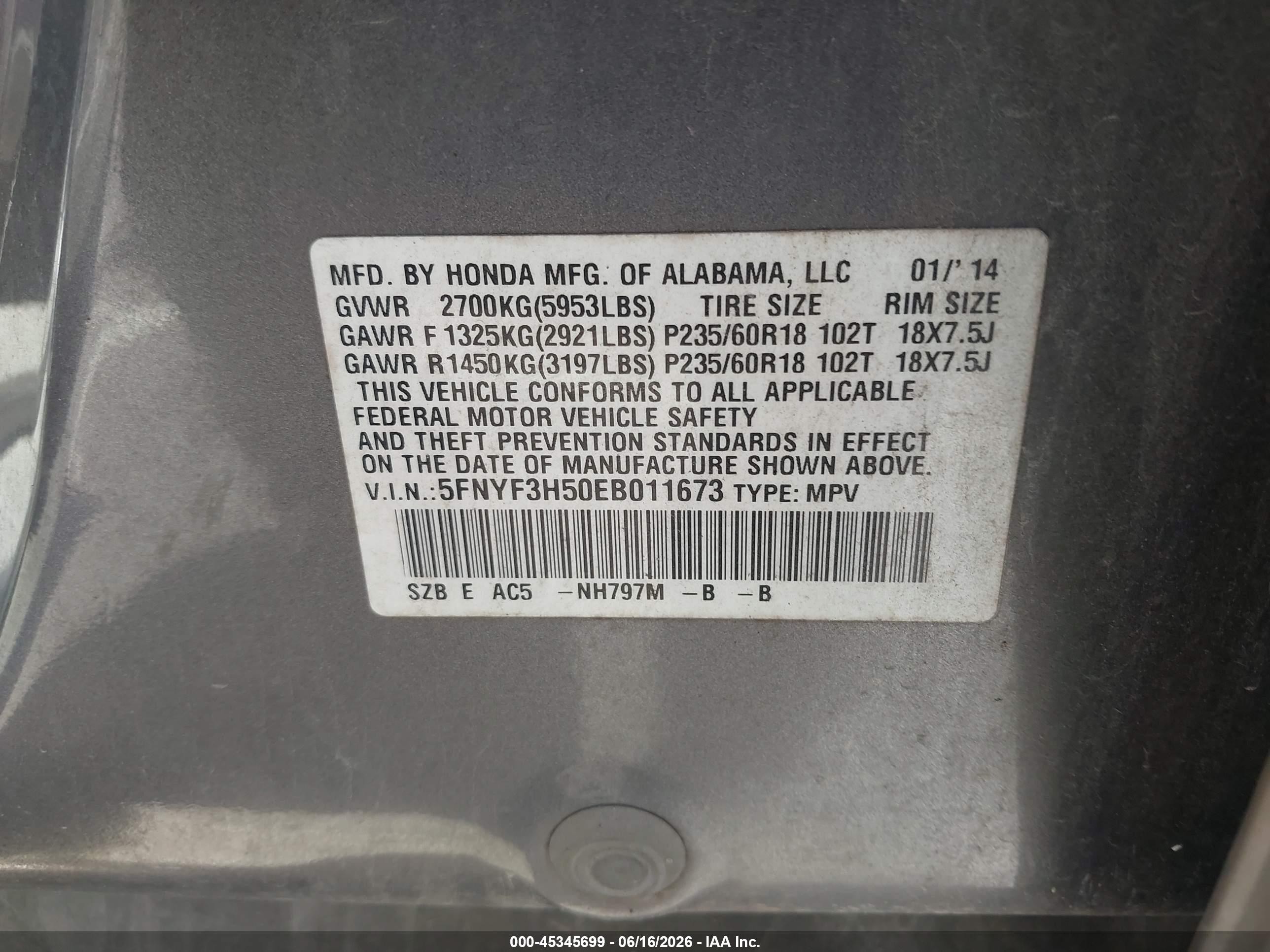 2014 Honda Pilot Ex-l Gray vin: 5FNYF3H50EB011673