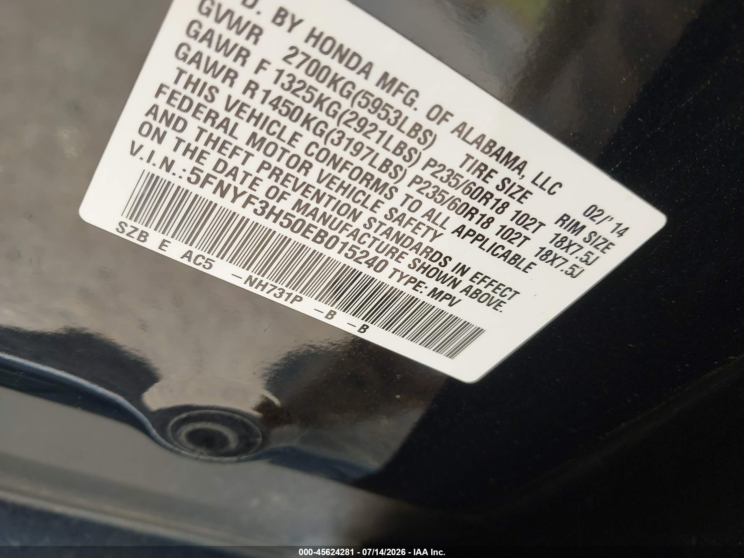 2014 Honda Pilot Ex-l Black vin: 5FNYF3H50EB015240