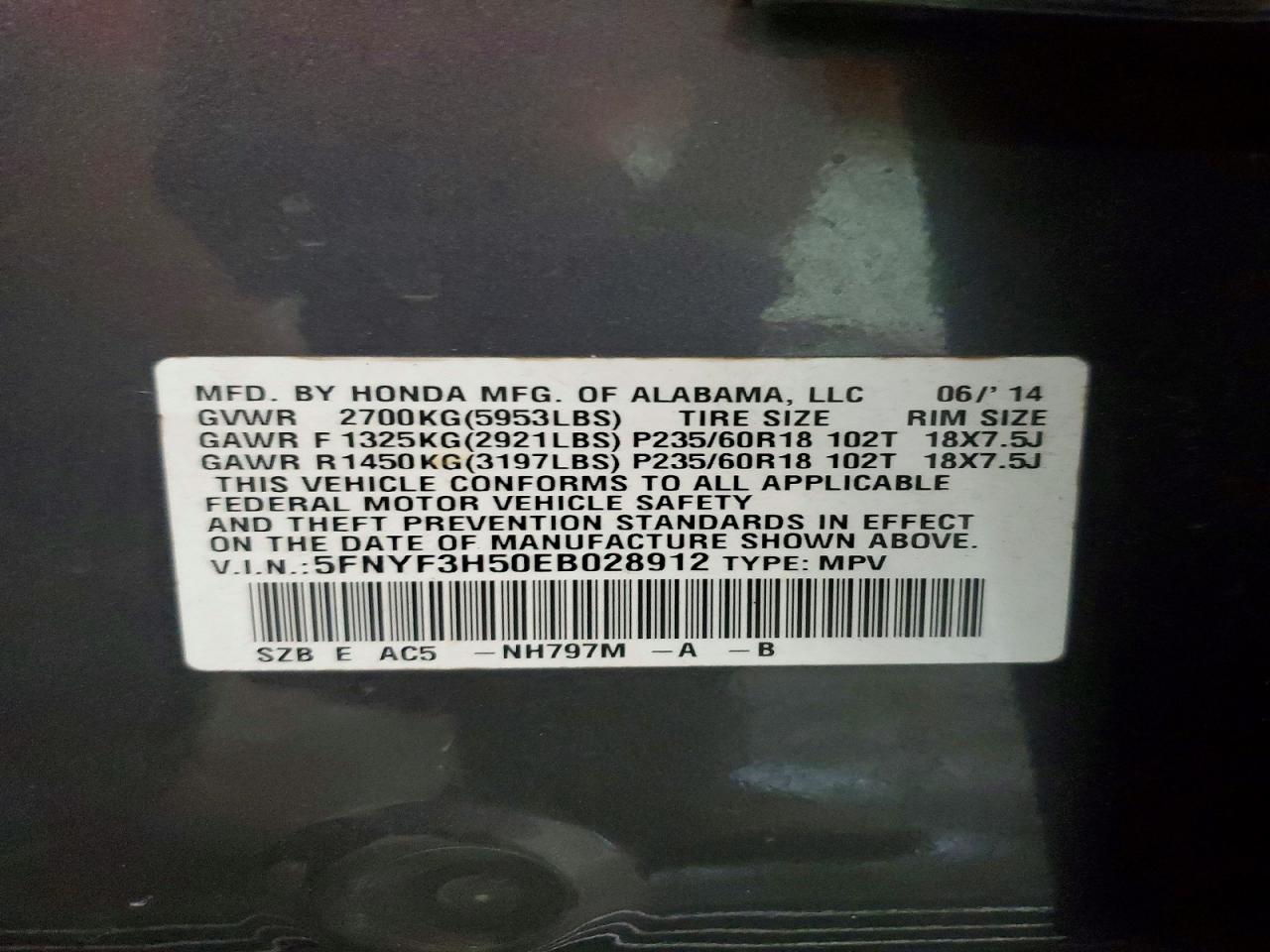 2014 Honda Pilot Exl Gray vin: 5FNYF3H50EB028912