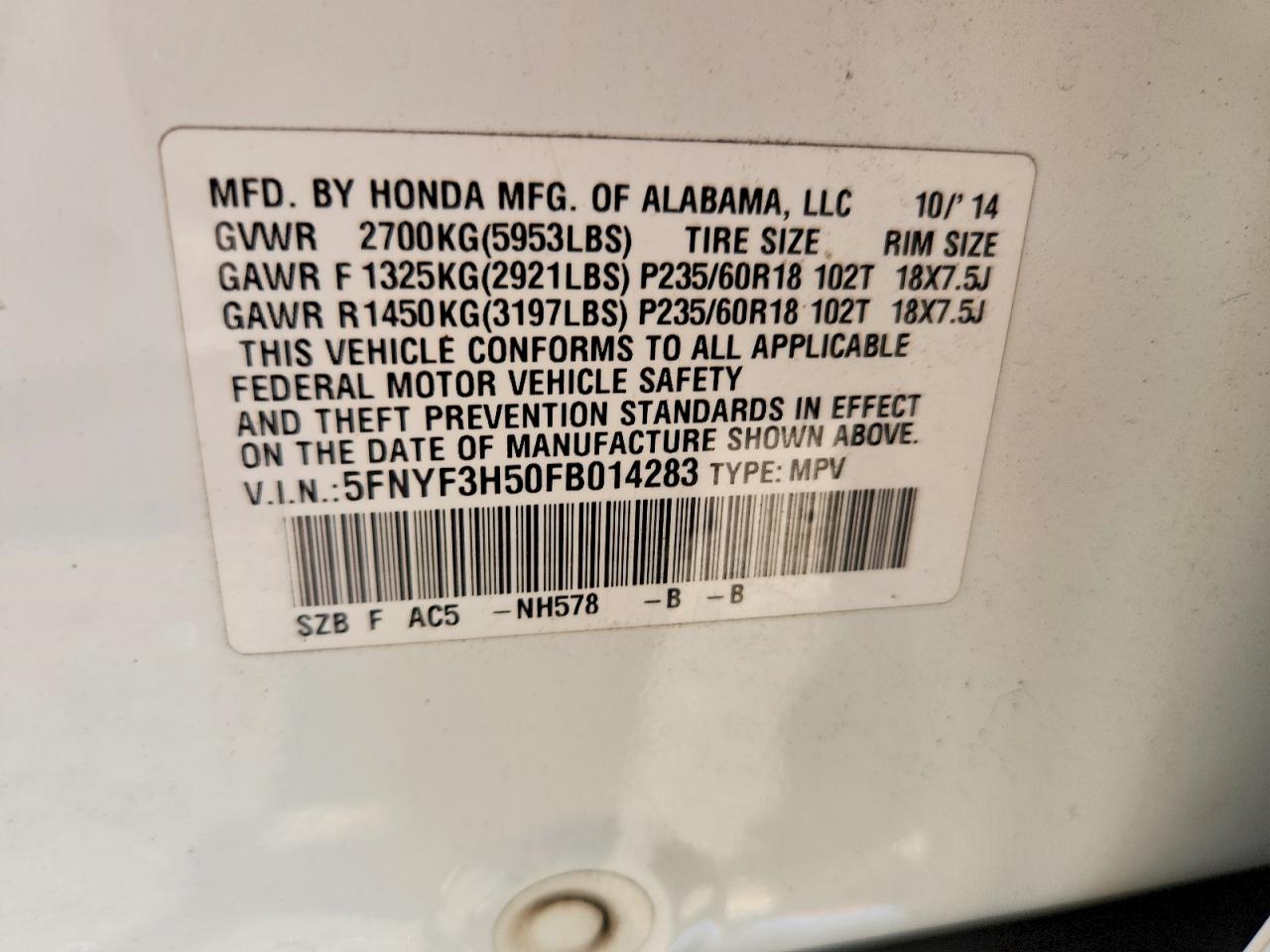 2015 Honda Pilot Exl White vin: 5FNYF3H50FB014283