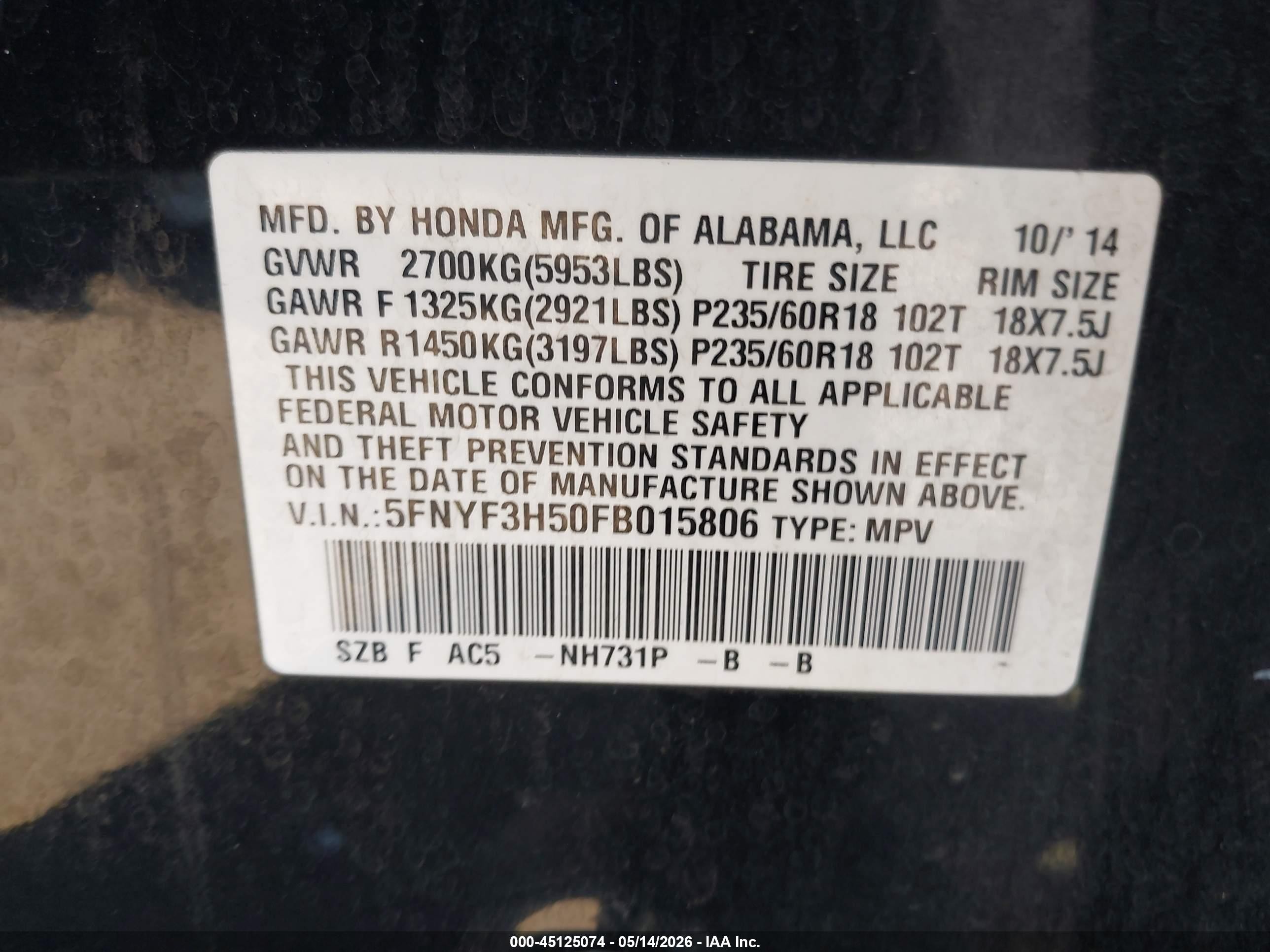 2015 Honda Pilot Ex-l Black vin: 5FNYF3H50FB015806
