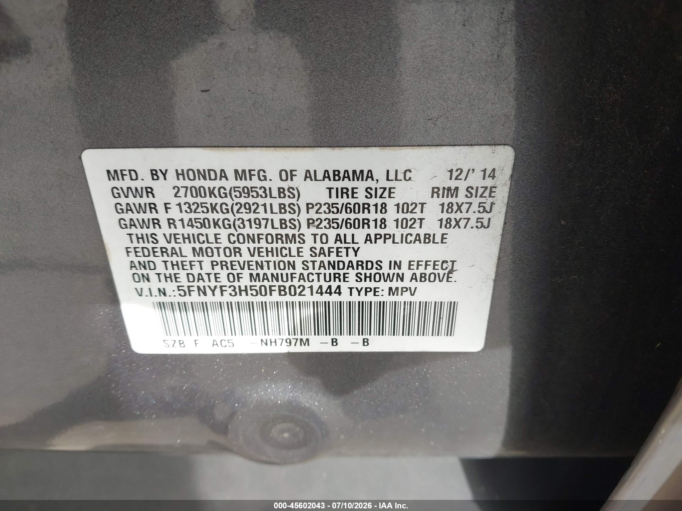 2015 Honda Pilot Ex-l Gray vin: 5FNYF3H50FB021444