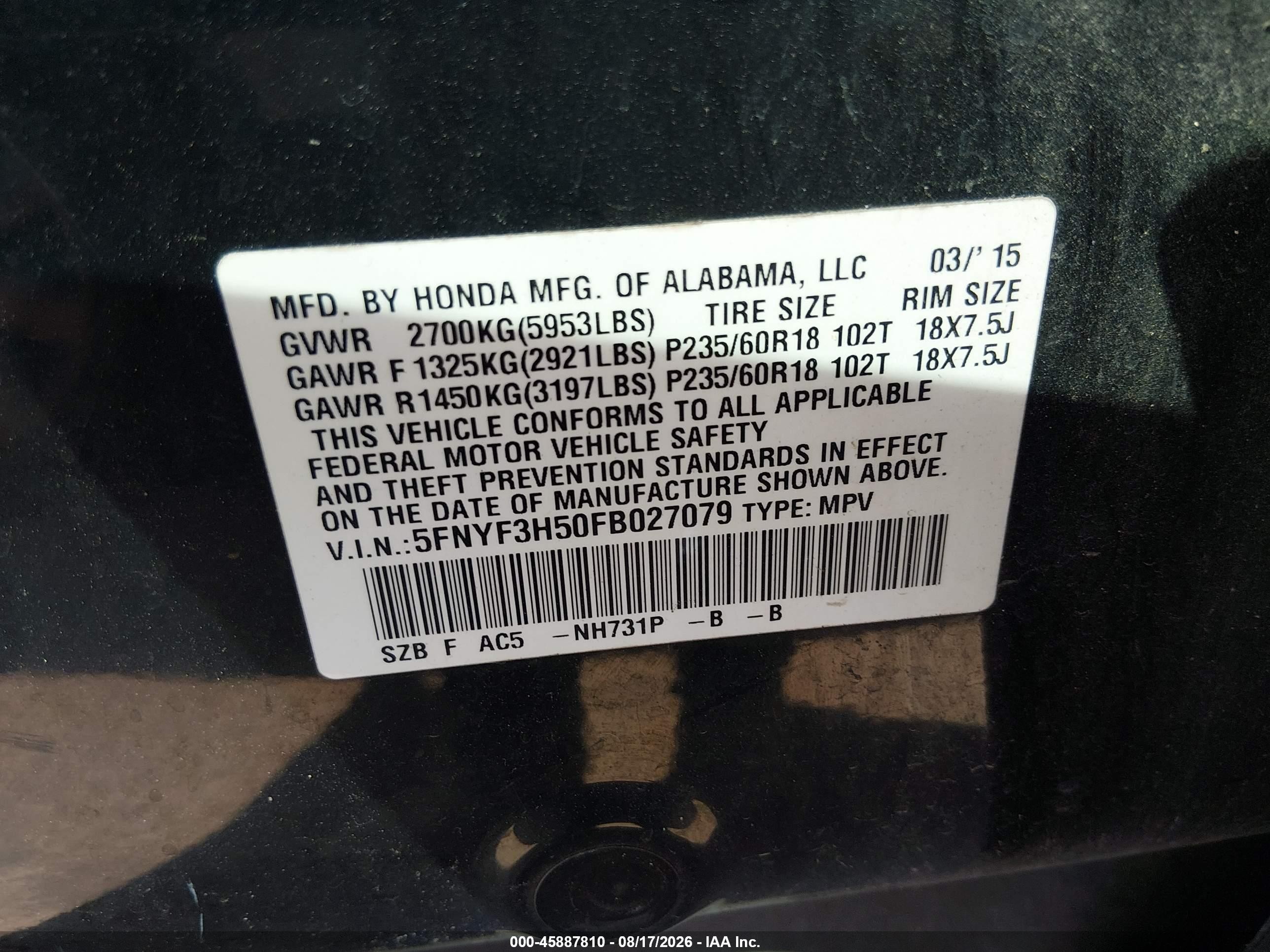2015 Honda Pilot Ex-l Black vin: 5FNYF3H50FB027079