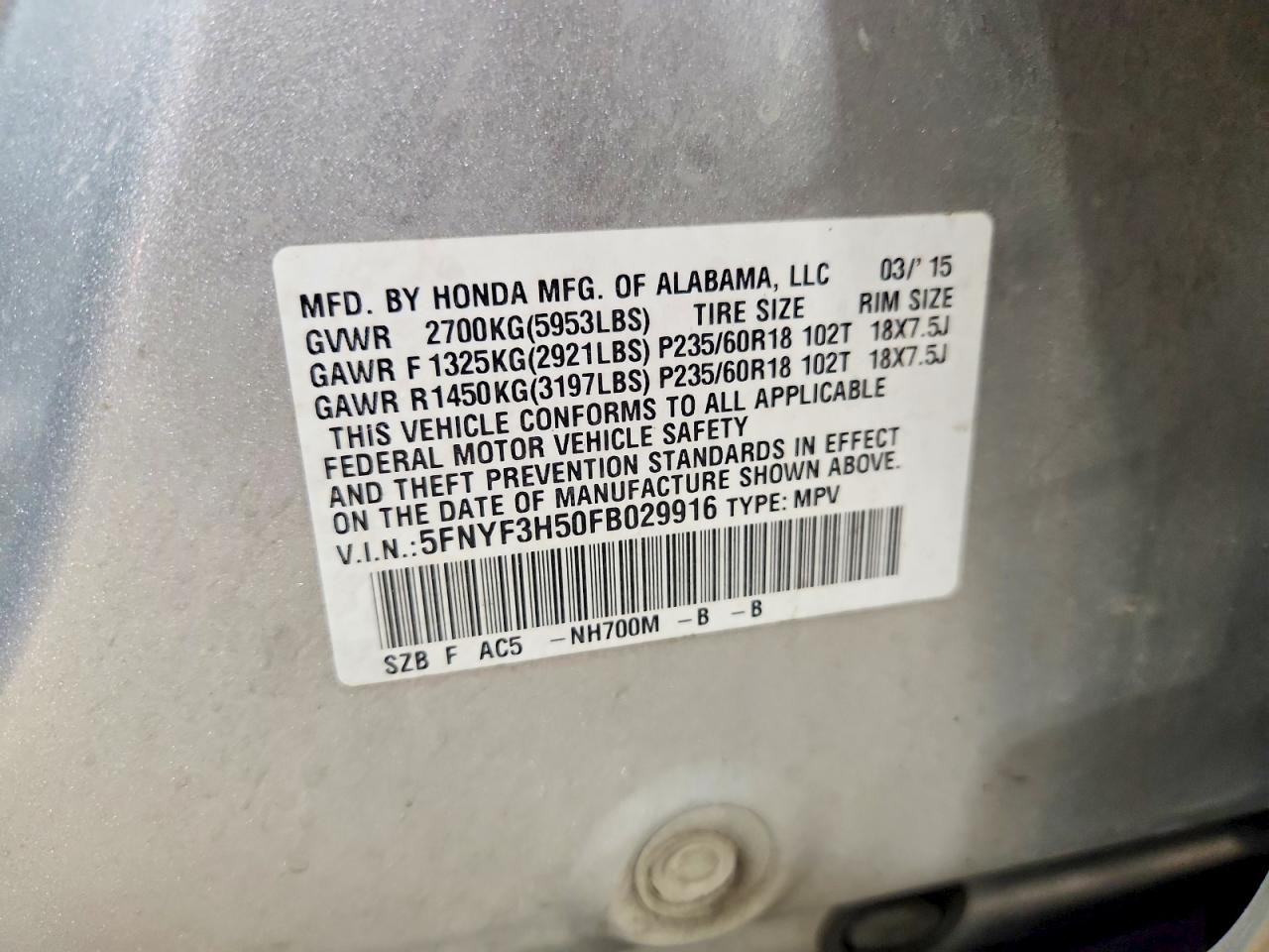 2015 Honda Pilot Exl Silver vin: 5FNYF3H50FB029916