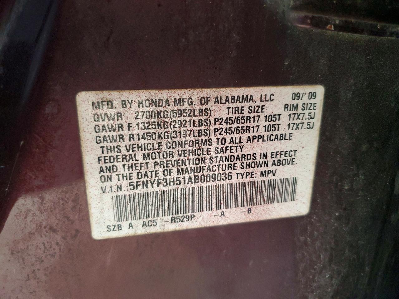 2010 Honda Pilot Exl Burgundy vin: 5FNYF3H51AB009036