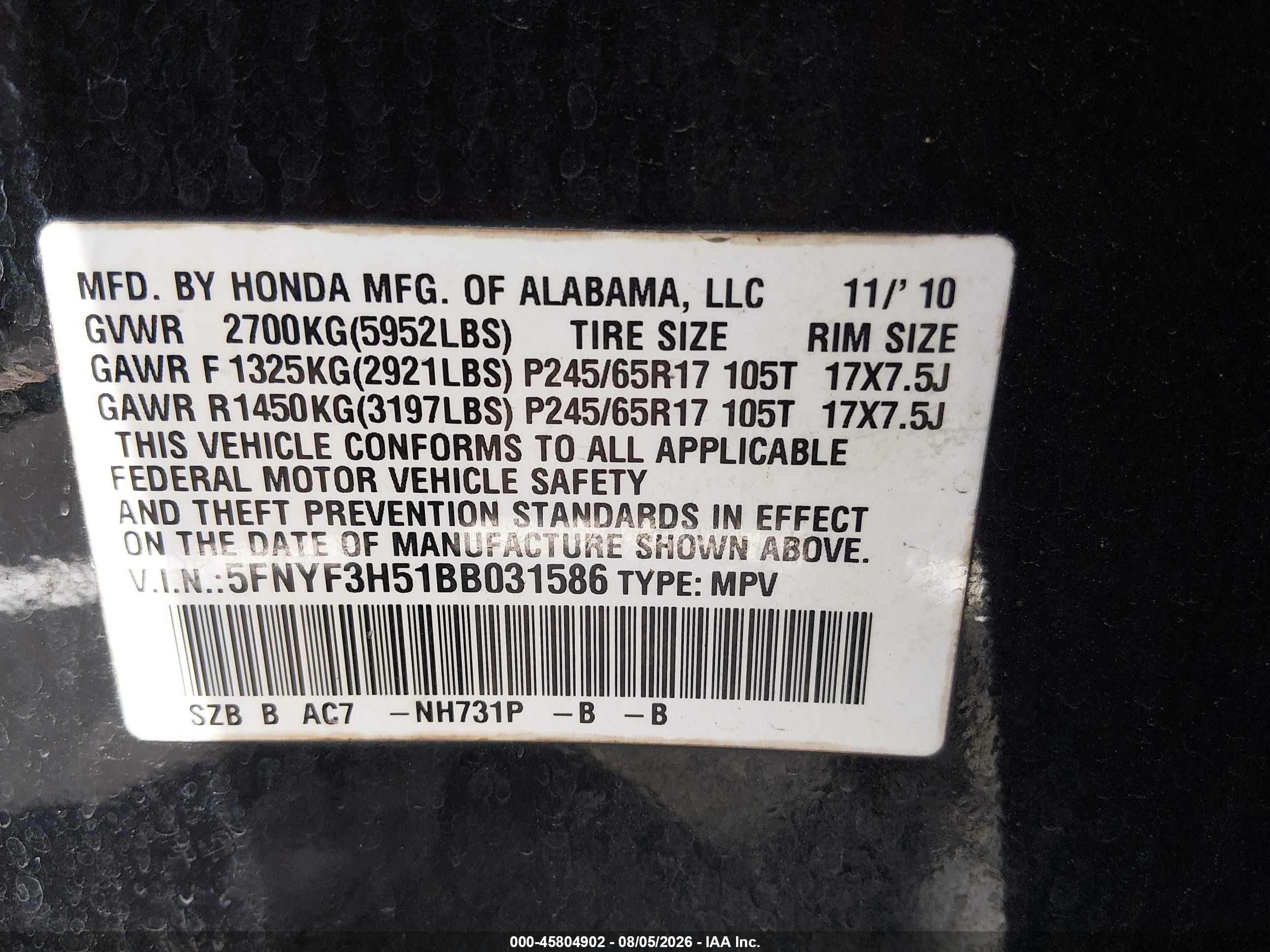 2011 Honda Pilot Ex-l Black vin: 5FNYF3H51BB031586