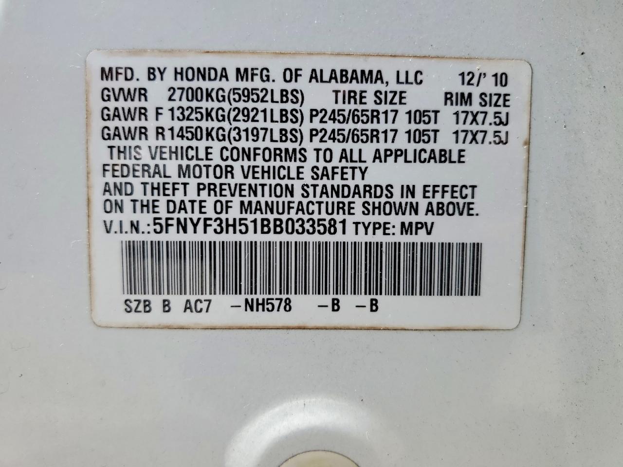2011 Honda Pilot Exl White vin: 5FNYF3H51BB033581